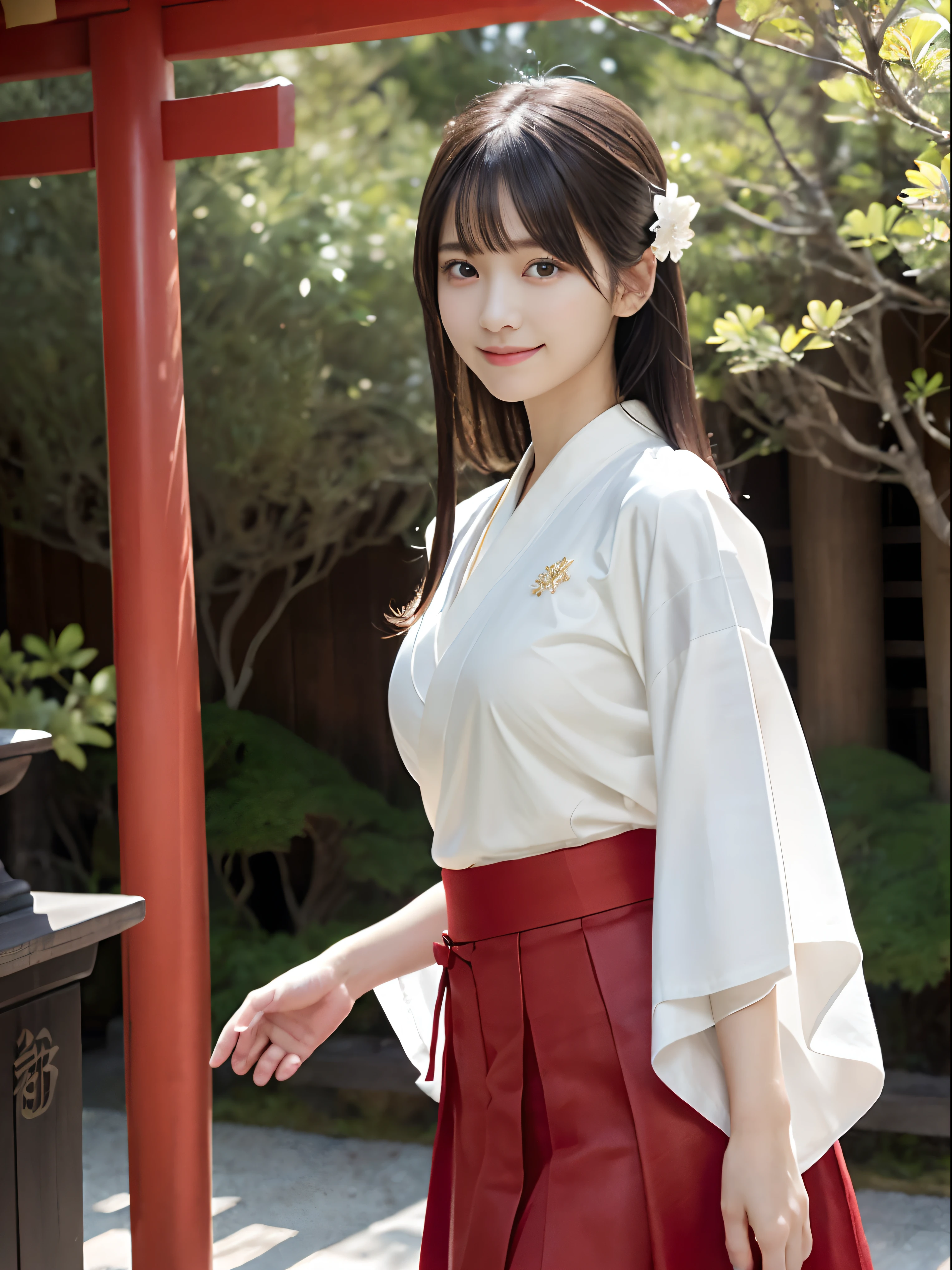 (White kimono and red long skirt、slender small breasts and long hair,,、Close up of girl with dull bangs:1.5)、(In the precincts of a Japan shrine wearing a white kimono and a long red skirt、Girl turn around with small smile:1.5)、(Beautiful blue sky :1.3)、(Perfect Anatomy:1.3)、(complete fingers:1.3)、(8K:1.3)、Photorealistic photography、masutepiece、top-quality、High resolution、delicate and pretty、face perfect、Beautiful detailed eyes、Fair skin、Real Human Skin、((thin legs))、(Dark hair)