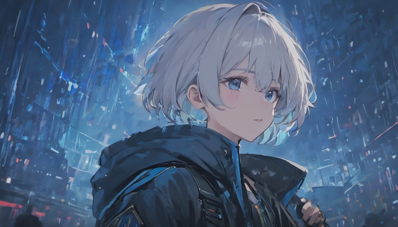 (masterpiece) , (best quality) , (ultra - detailed) , young cute boy , short white hair , blue red eyes , wear black jacket with hood , bring cyber blue white assault rifle , front look  , walking , wear black military hat , cyberpunk world , rainy , evening , battlefield , the upper part of the body