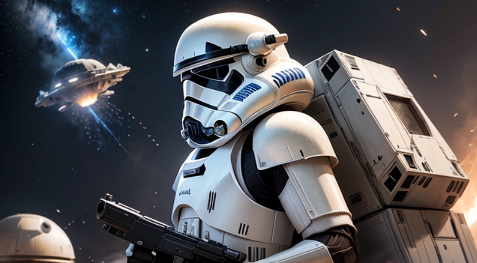 “A spaceship with stormtroopers navigating through space with meteors all around, traveling towards an unknown planet.”