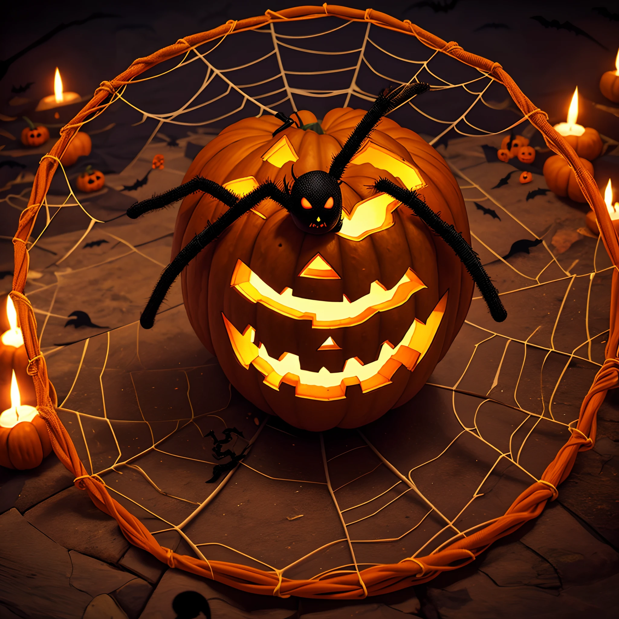 three-dimensional image of halloween pumpkin in the center of a spider web, about to be attacked by a black spider