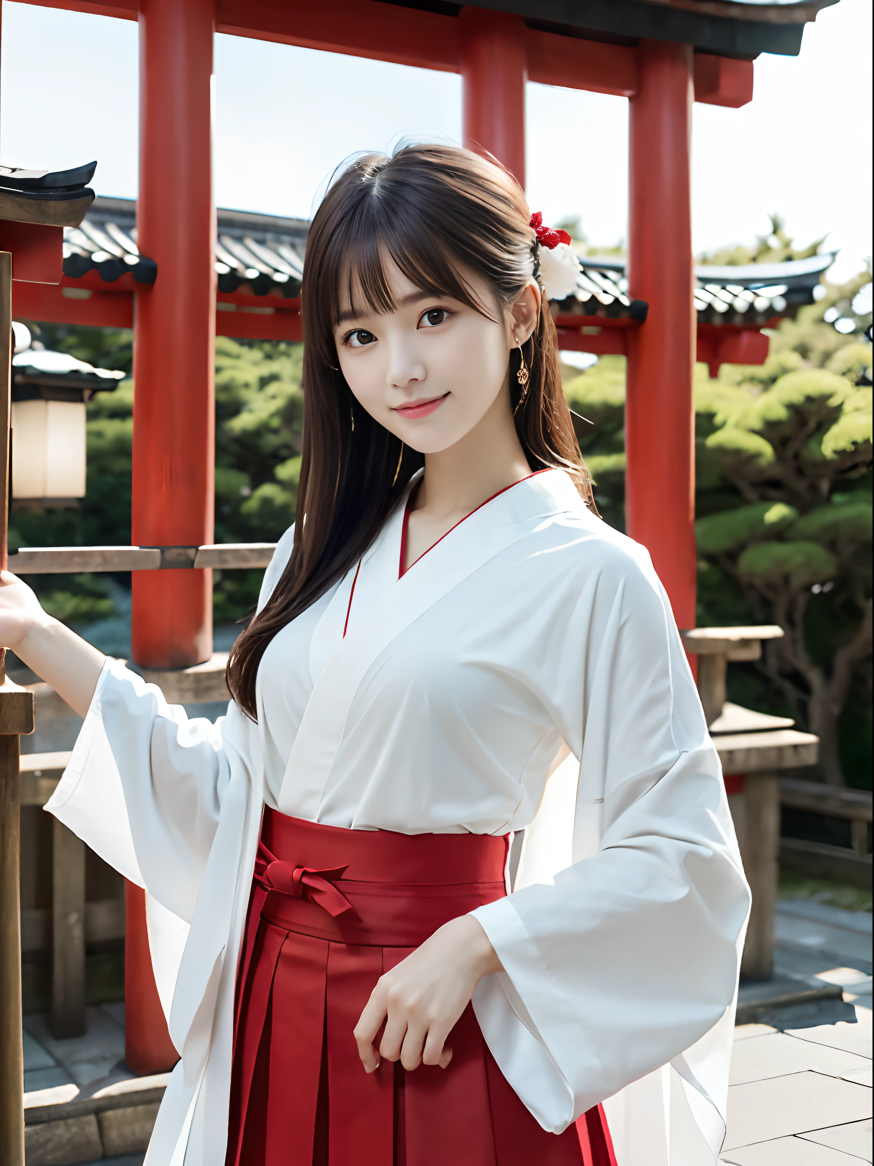 (White kimono and red long skirt、slender small breasts and long hair,,,、Close up of girl with dull bangs:1.5)、(In the precincts of a Japan shrine wearing a white kimono and a long red skirt、The girl turns around with a small smile:1.5)、(Beautiful blue sky :1.3)、(Perfect Anatomy:1.3)、(complete fingers:1.3)、(8K:1.3)、Photorealistic photography、masutepiece、top-quality、High resolution、delicate and pretty、face perfect、Beautiful detailed eyes、Fair skin、Real Human Skin、((thin legs))、(Dark hair)