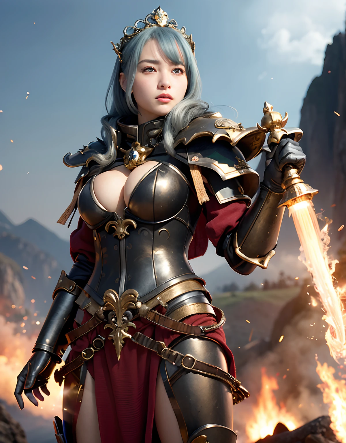 Professional , masterpiece、top-quality、photos realistic , 、top-quality、超A high resolution、(Photorealsitic:1.4)、Raw photo、depth of fields (Gemstone Gold Metal Body:1.9),(Matte White、Toostock、cleavage of the breast、(cleavage of the breast)、(Detailed Dragon Armor)、(Have the strongest weapon)、((Random Hairstyles 1.6),Dark Fantasy,)explosions、intense fighting、(Precipitous cliffs),Dragon Gold Weapon,Mystical expression、Particles of light、Fight dragons、(Detailed Dragon Helmet),Gorgeous Silver Weapons ,(( Dragon's dense and gorgeous sword)) , Beautiful knife ,warhammer 40k ,Detail and gorgeous crown、((Blue hair))、(Castle background)、、((Gangle's forest background))、Beautiful Caucasian beauty、1a person、dynamic ungle,((()))、Smaller head、A smile、Castle background、Thin and beautiful female hands、cleavage of the breast、Soldier in iron armor on background、Mystical expression、Light Effects、intense fighting、Wind-effect、magic circles、With the legendary magic wand、(demonic wings)、Toostock、