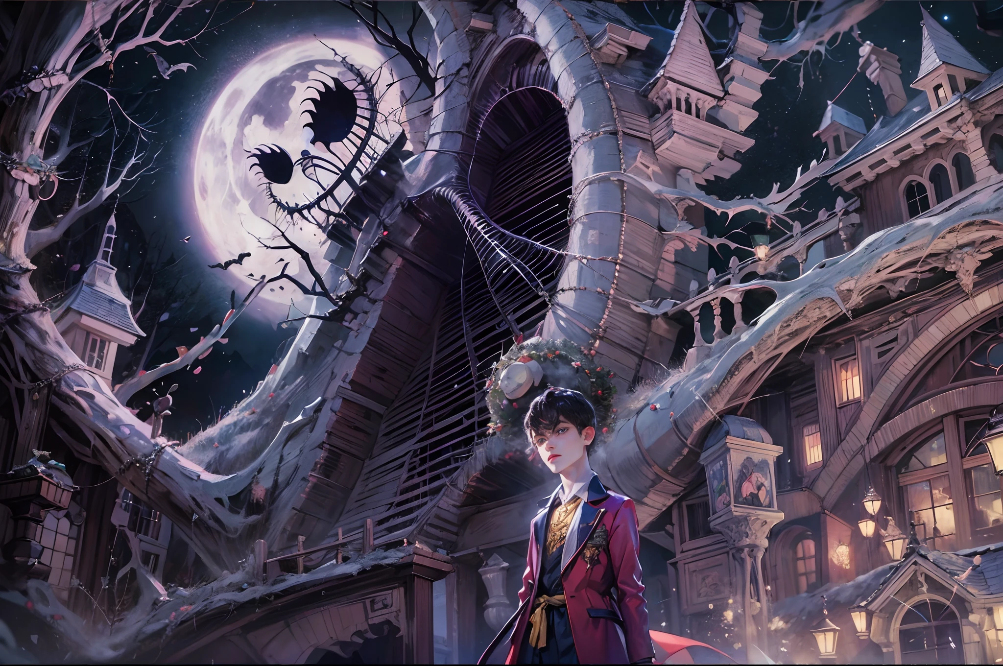 (absurdres, highres, ultra detailed, HDR), masterpiece, best quality, 1 boy, handsome boy, cool hero, big anime eyes, young boy, detailed scenery, detailed character, nightmare before Christmas theme, art kenouji