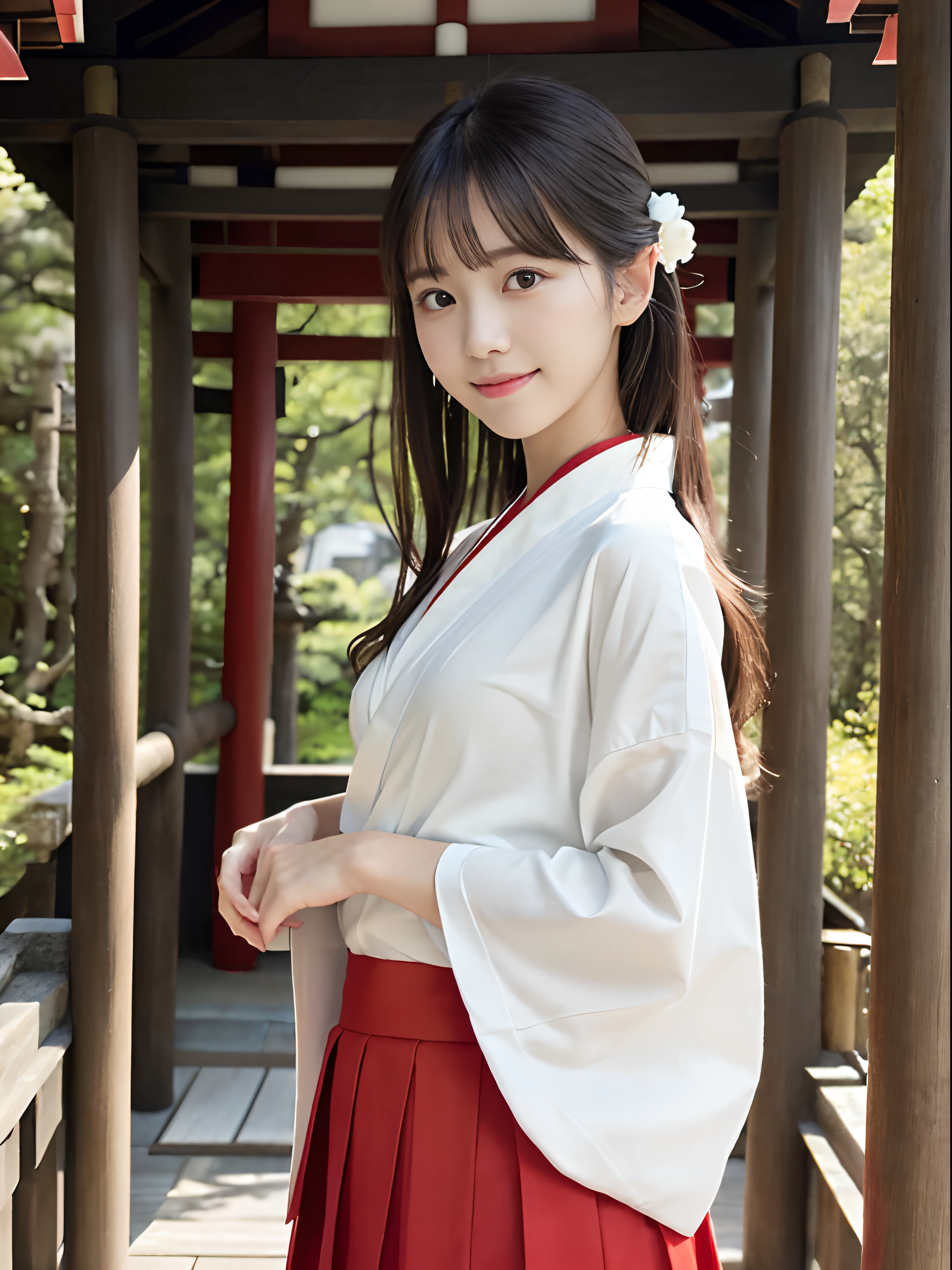 (White kimono and red long skirt、slender small breasts and long hair,,,,,、Close up of girl with dull bangs:1.5)、(In the precincts of a Japan shrine wearing a white kimono and a long red skirt、The girl turns around with a small smile:1.5)、(Beautiful blue sky :1.3)、(Perfect Anatomy:1.3)、(complete fingers:1.3)、(8K:1.3)、Photorealistic photography、masutepiece、top-quality、High resolution、delicate and pretty、face perfect、Beautiful detailed eyes、Fair skin、Real Human Skin、((thin legs))、(Dark hair)