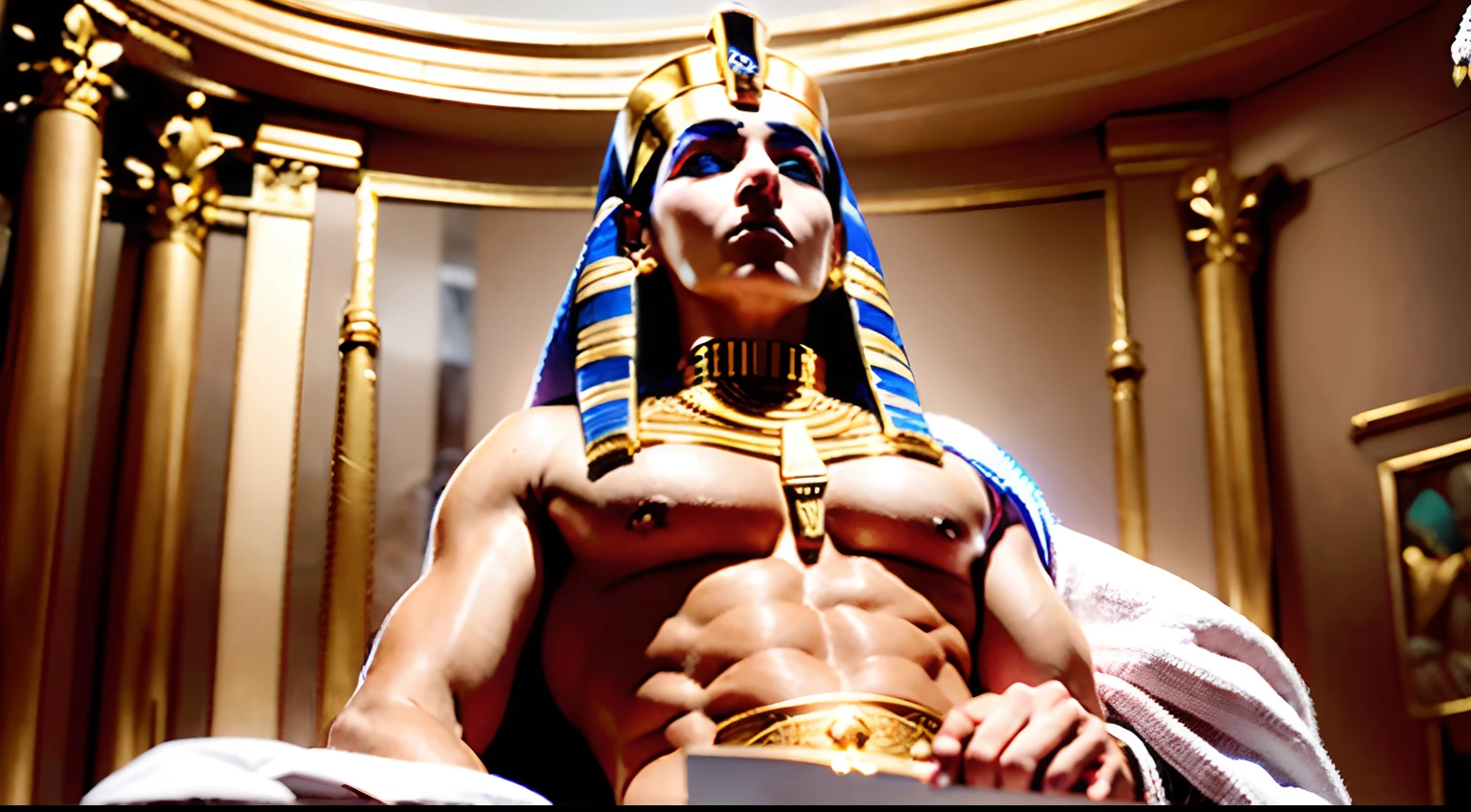 /imagine prompt: color photo of Caesarion as the pharaoh. The photo captures the young ruler in majestic regalia, embodying the power and authority of his royal lineage. Caesarion's expression is one of stoic determination, as he takes on the weighty responsibilities of leading Egypt. The atmosphere is filled with a sense of anticipation and curiosity, as the people observe their new pharaoh with a mix of awe and curiosity. The photo's composition and lighting accentuate Caesarion's regal presence, with rich colors and soft lighting highlighting his status as the rightful ruler of Egypt. This photo serves as a visual testament to Caesarion's ascent to the throne and his commitment to upholding the traditions of his mother's reign, forever immortalizing him as a pharaoh who carried the legacy of Cleopatra and ruled with wisdom and strength. —c 10 —ar 2:3