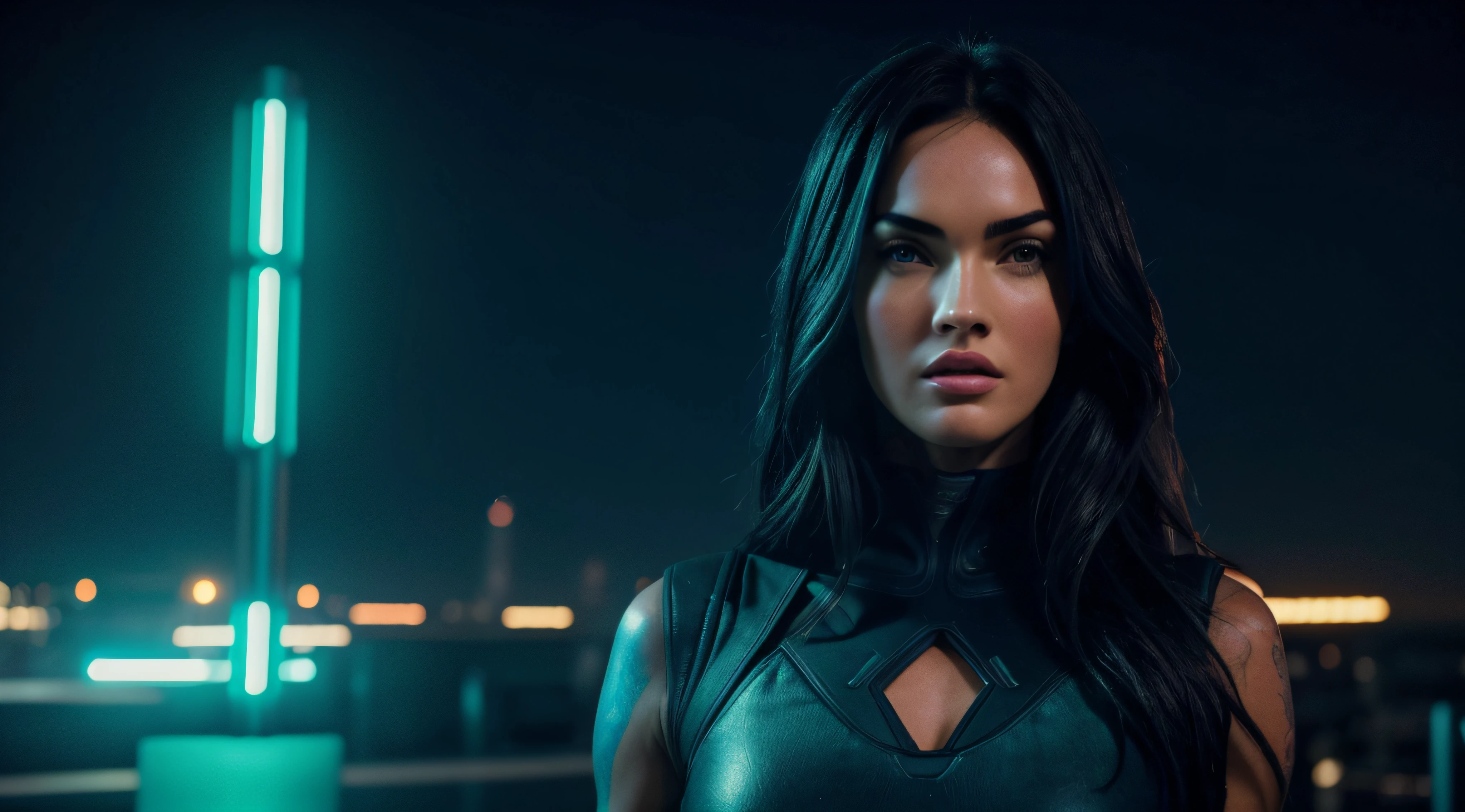 (obra prima) (ultradetalhada) (ultrarrealista | | | | | | | | | | |) Megan Fox, Neon light, noite, Foto premiada, BLN-L24, exposure,Alto contraste,low saturation,high saturation 8k 3D, f 2.8 lentes, Cinematic lighting