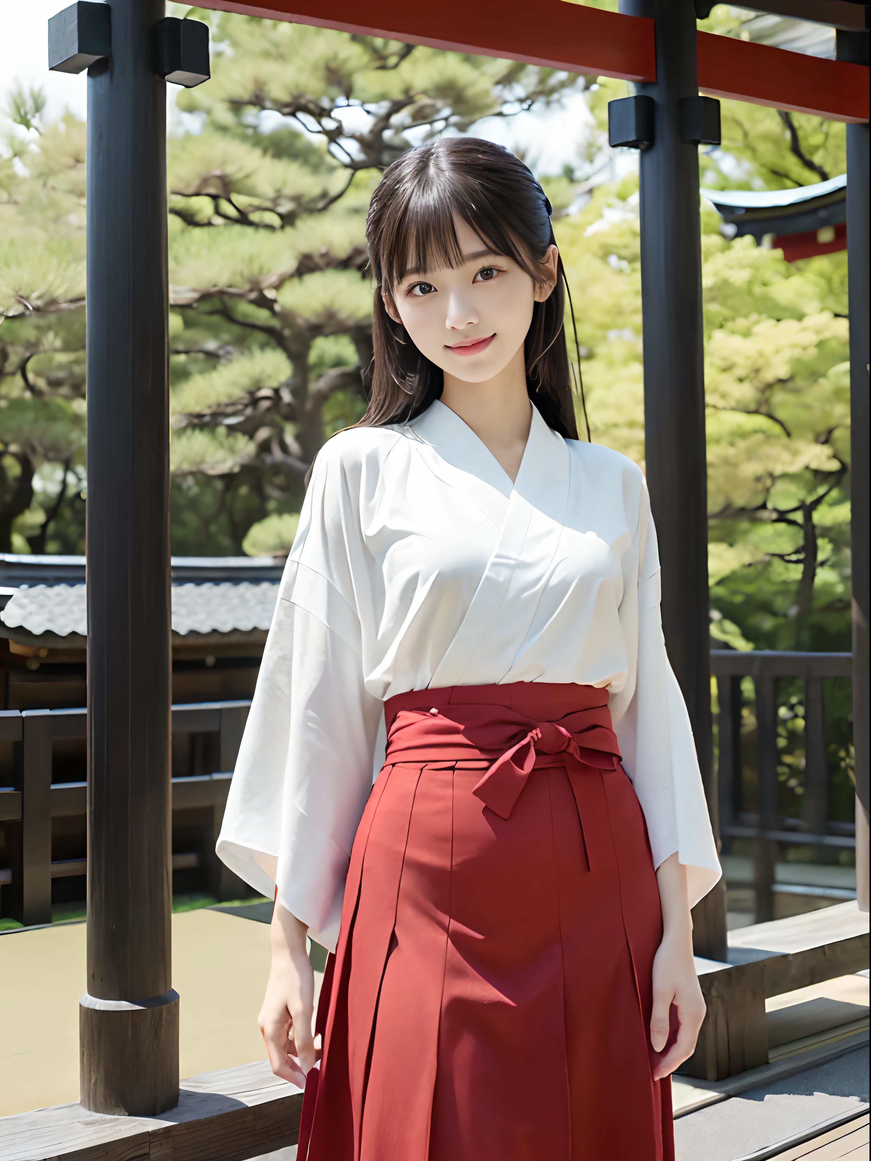 8K、Detailed Description、Very high definition、Realistic、reality的、Real、live-action、reality、High resolution、Nogizaka46、japanese idol,beautiful girl、21 years old、profile,Daytime、Snow Scene、Dark brown eyes,laugh,red hakama,white japanese shrine maiden outfit,shurine,light smile,Shrine grounds、Shrine maiden、Shrine maidenの衣装、Mouth closed、Long Hair、Knee-up-top angle of view、Back view、look back、Very black hair、pretty girl、Beauty、Glowing Skin、Glowing Skin、Shiny Hair、Very white skin、Heavy makeup、Large Breasts、Slit eyes、Dark brown eyes、Big Eyes、Double eyelids、Don&#39;t show your teeth、こちらを見てsmile、clear、smile、smile、smile、laugh