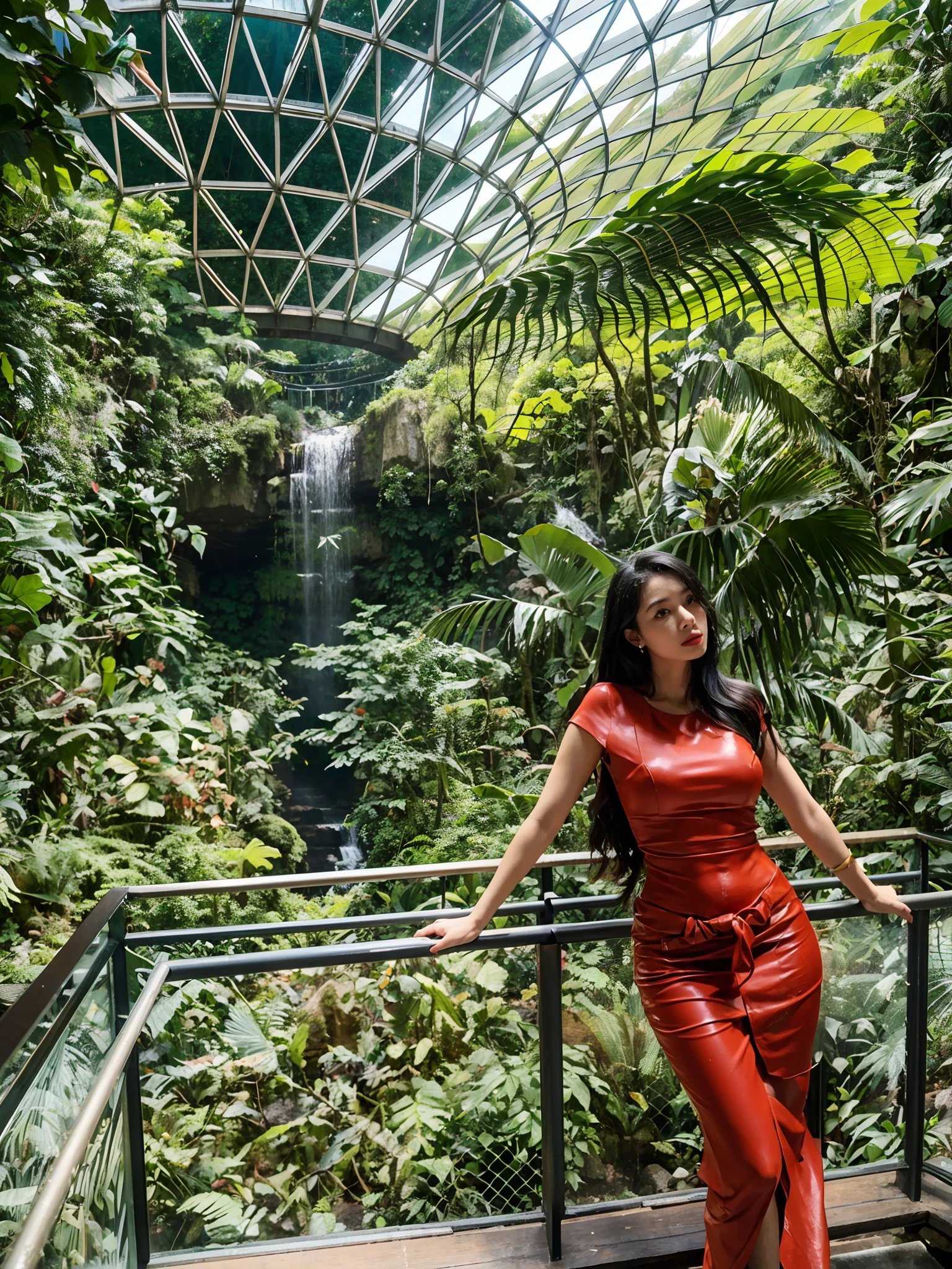 araffe woman standing on a railing in a tropical garden, standing in a botanical garden, next to a waterfall, with trees and waterfalls, standing in front of a waterfall, in a jungle environment, standing near a waterfall, waterfall in the background, in a tropical forest, with waterfalls, waterfalls in the background, amidst nature, set on singaporean aesthetic