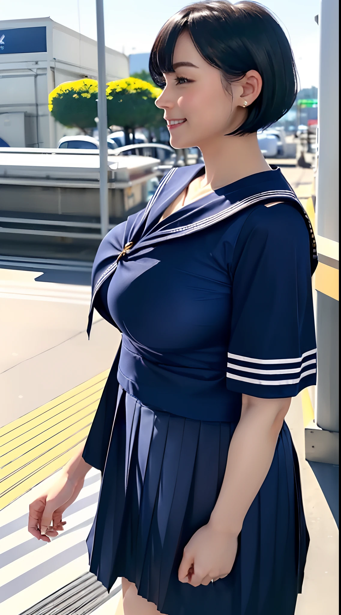 (8K、超A high resolution、The ultra -The high-definition、An ultra-high picture quality、Ultrarealistic、Best Quality、masuter piece)(quite massive chest、Pretty big breasts、Always hide all breasts:1.38)((a sailor suit、Navy Pleated Lo Mini Skirt)、quite massive chest、Pretty big breasts、toned body、Always draw from the side:1.55)(adult lady、Black hair short bob、lowfers、Navy Pleated Mini Skirt:1.15)Super cute、Cute smile(Walk on the station platform:1.18)