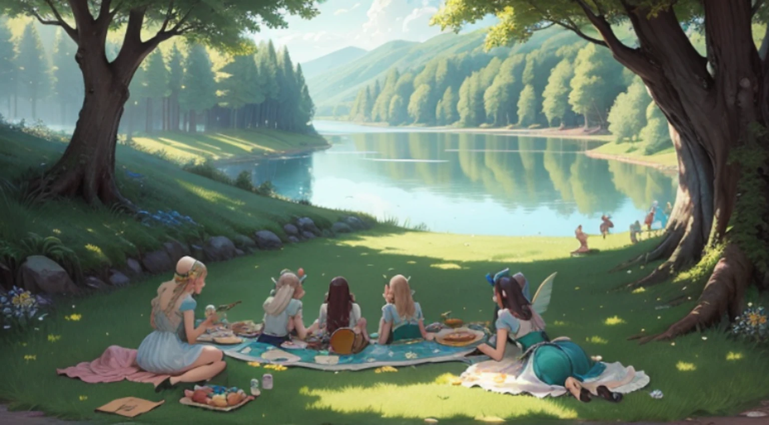 “A group of faries are lying on the grass by an enchanted lake, having a picnic in a sunny day playing instruments and watching the animals nearby.”