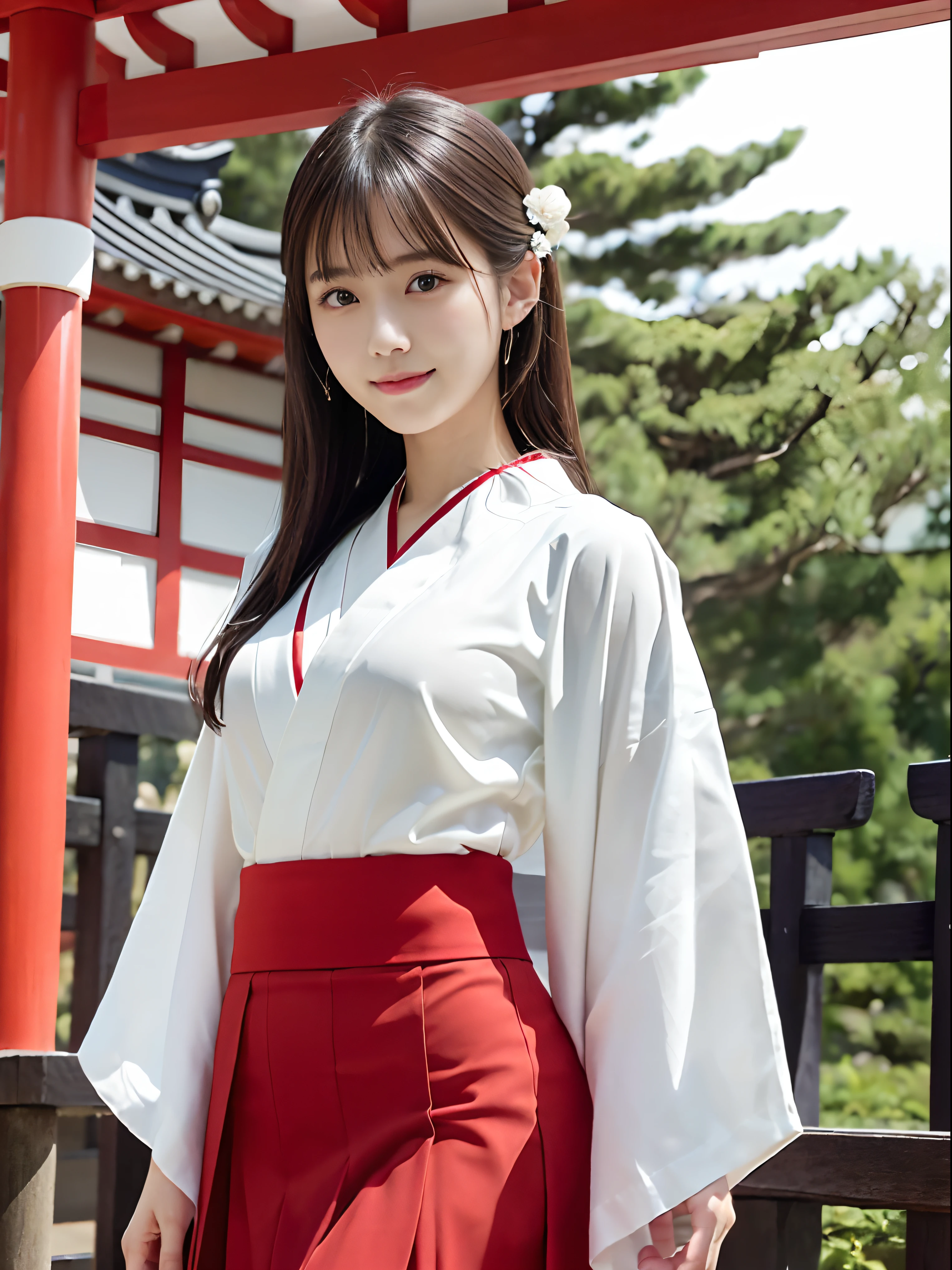 (White kimono and red long skirt、slender small breasts and long hair,、Close up of girl with dull bangs:1.5)、(In the precincts of a Japan shrine wearing a white kimono and a long red skirt、The girl turns around with a small smile:1.5)、(Beautiful blue sky :1.3)、(Perfect Anatomy:1.3)、(complete fingers:1.3)、(8K:1.3)、Photorealistic photography、masutepiece、top-quality、High resolution、delicate and pretty、face perfect、Beautiful detailed eyes、Fair skin、Real Human Skin、((thin legs))、(Dark hair)