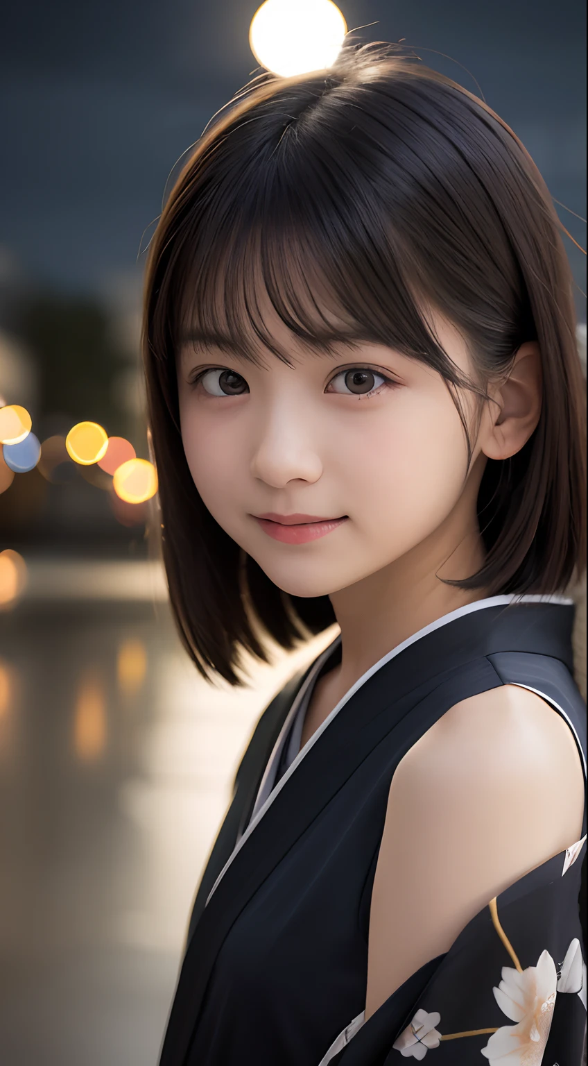 masutepiece, Best Quality, 8K, 8years old, Teen, Raw photo, absurderes, award winning portrait, Smile, Solo, (Night:1.8), Idol face, Delicate girl, Upper body, Digital SLR, Looking at Viewer, Candid, Sophisticated,Thin arms, Professional Lighting, Film grain, chromatic abberation, (Eyes and faces with detailed:1.0), (Bokeh:1.1) , (Ninja kimono:1.1) , closes mouth