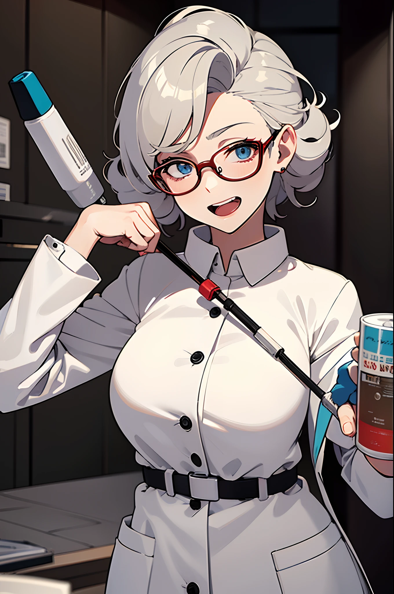 Masterpiece, best quality, busty scientist, white coat, messy hair, curlers, crazy expression, open mouth, glasses, evil smile, short hair, laboratory, machines, steam upper body, syringe