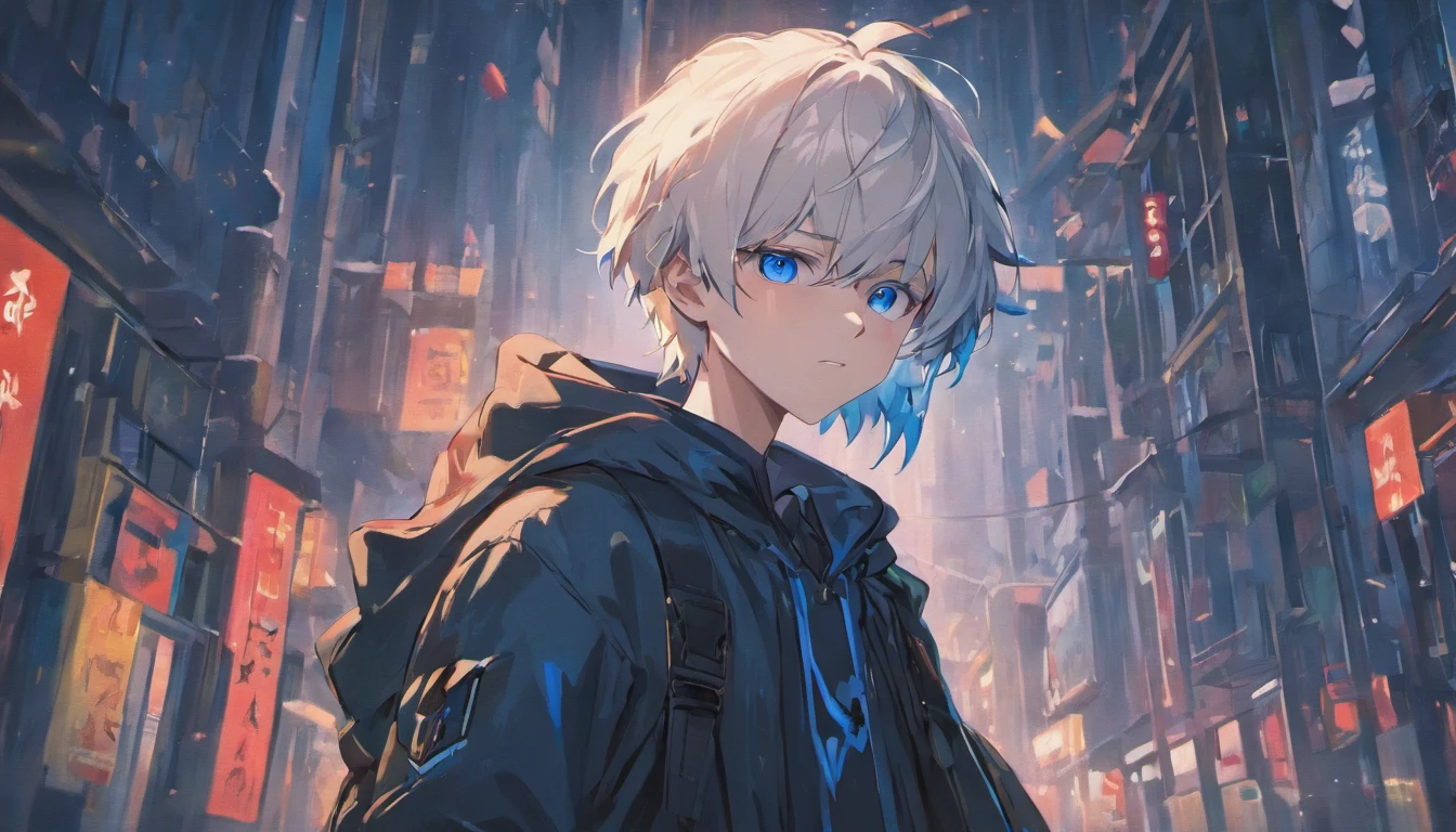 (masterpiece) , (best quality) , (ultra - detailed) , young cute boy , short white hair , blue red eyes , wear black jacket with hood , bring cyber blue white assault rifle , front look  , walking , wear black military hat , cyberpunk world , rainy , evening , battlefield , the upper part of the body