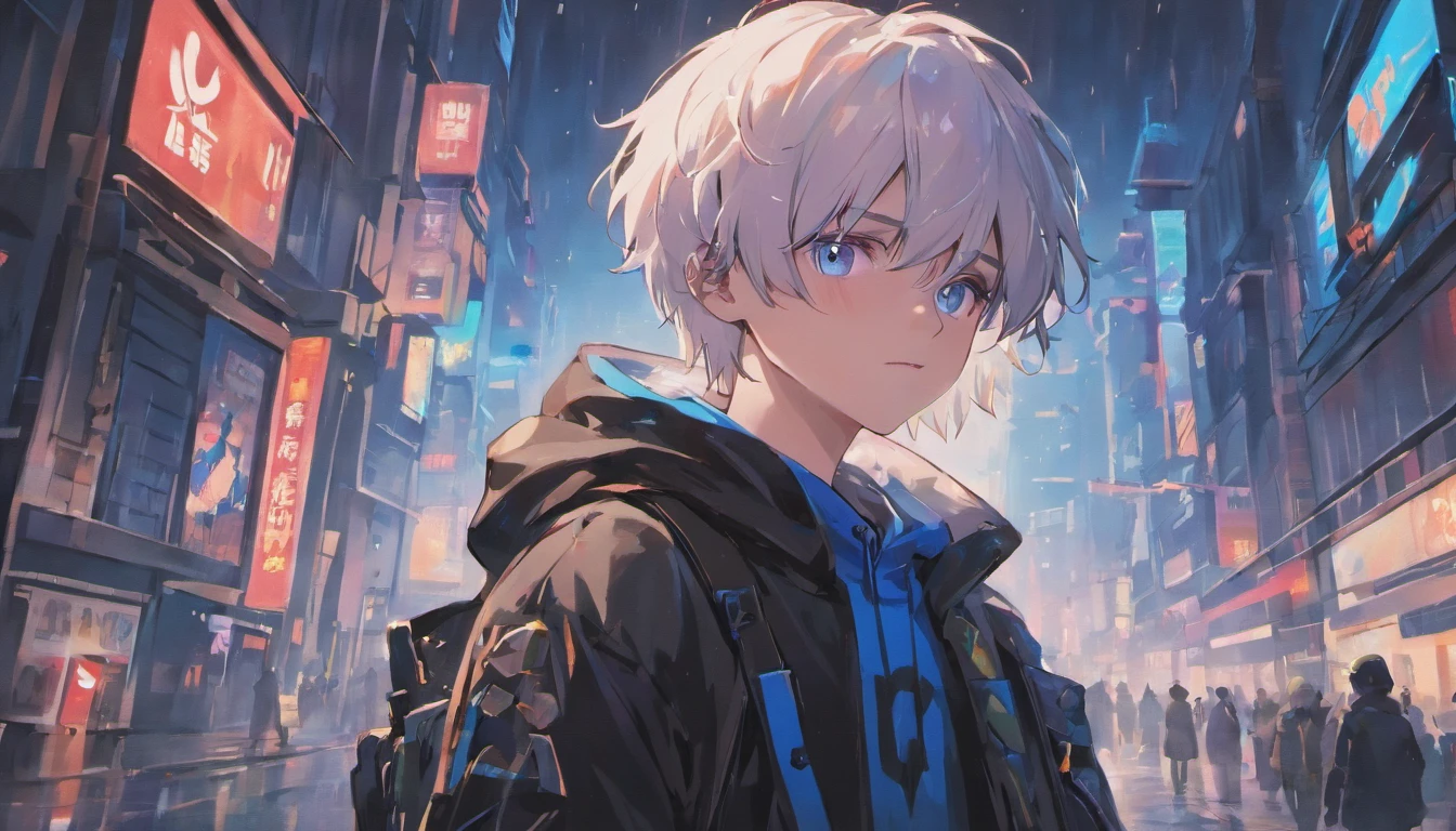 (masterpiece) , (best quality) , (ultra - detailed) , young cute boy , short white hair , blue red eyes , wear black jacket with hood , bring cyber blue white assault rifle , front look  , walking , wear black military hat , cyberpunk world , rainy , evening , battlefield , the upper part of the body