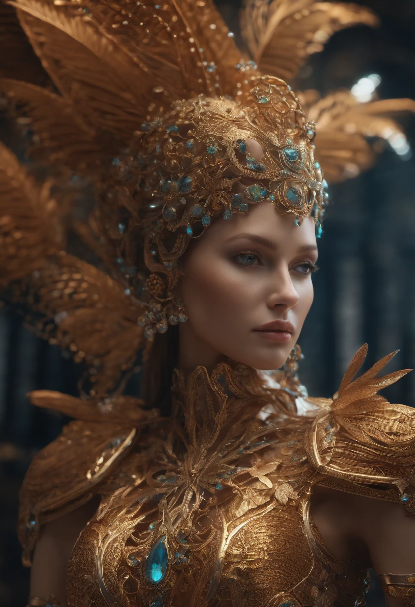Complex 3d rendering super detailed beautiful robot angel, simulated 150mm lens, beautiful natural soft edge light, Neon glow, large leaves and stems, bees, roots, fine leaf lace, colorful details, Boris Bidjan Saberi clothing, pearl earrings, piercings, Art Nouveau fashion embroidery, intricate details, mesh lines, mandelbro fractals, facial muscles, cables, microchips, surreal, ultra-detailed, octane rendering, volumetric lighting, 8k post