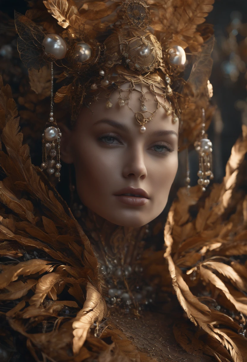 Complex 3d rendering super detailed beautiful robot angel, simulated 150mm lens, beautiful natural soft edge light, Neon glow, large leaves and stems, bees, roots, fine leaf lace, colorful details, Boris Bidjan Saberi clothing, pearl earrings, piercings, Art Nouveau fashion embroidery, intricate details, mesh lines, mandelbro fractals, facial muscles, cables, microchips, surreal, ultra-detailed, octane rendering, volumetric lighting, 8k post