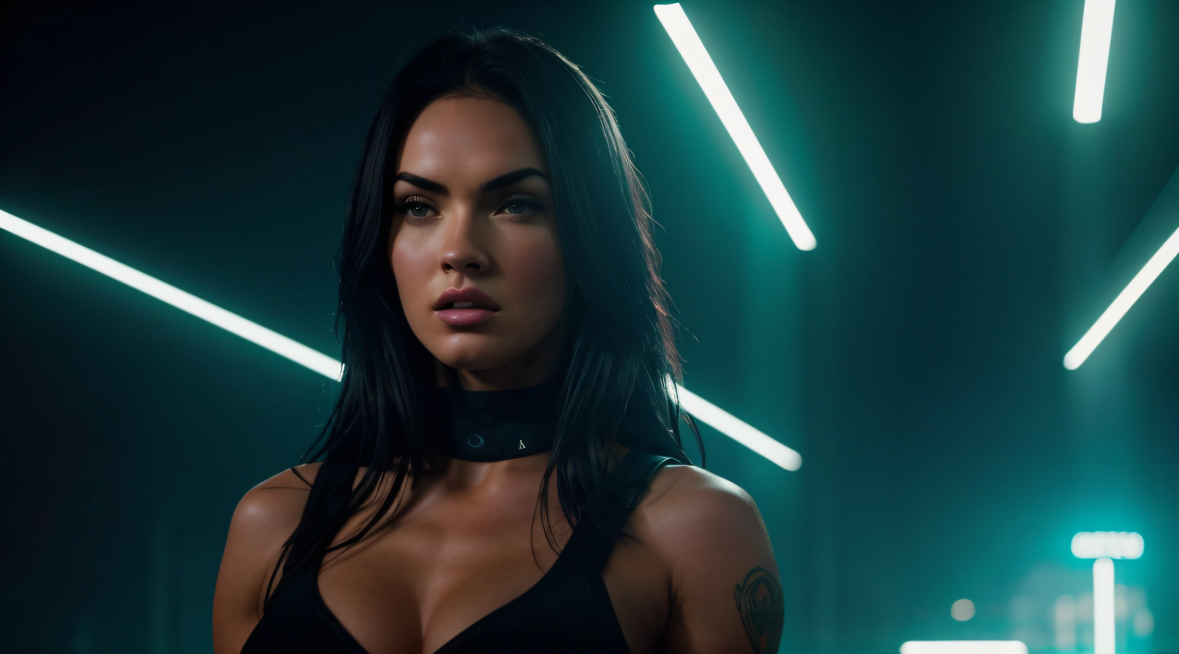 (obra prima) (ultradetalhada) (ultrarrealista | | | | | | | | | | |) Megan Fox, Neon light, noite, Foto premiada, BLN-L24, exposure,Alto contraste,low saturation,high saturation 8k 3D, f 2.8 lentes, Cinematic lighting