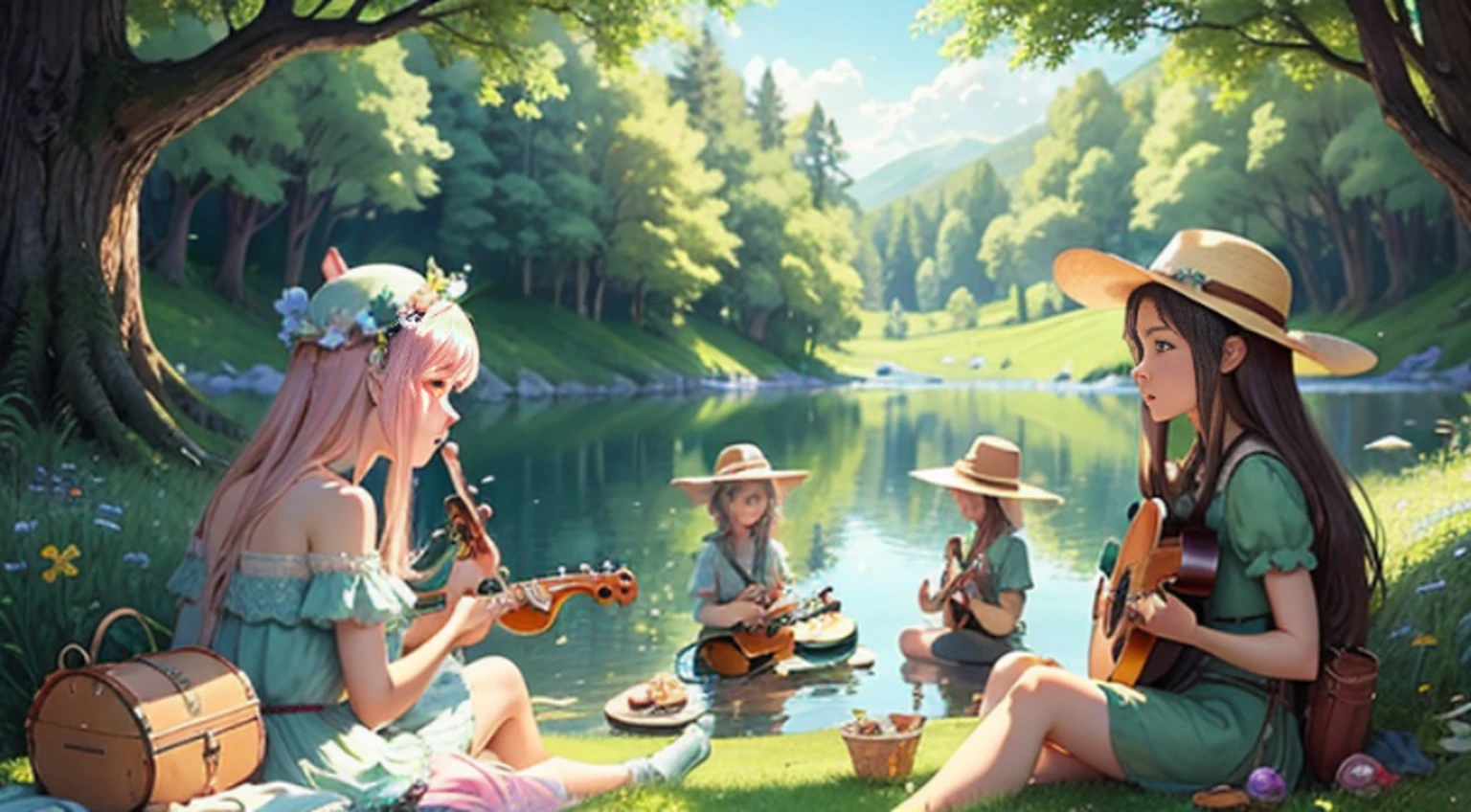 “A group of faries are lying on the grass by an enchanted lake, having a picnic in a sunny day playing instruments and watching the animals nearby.”