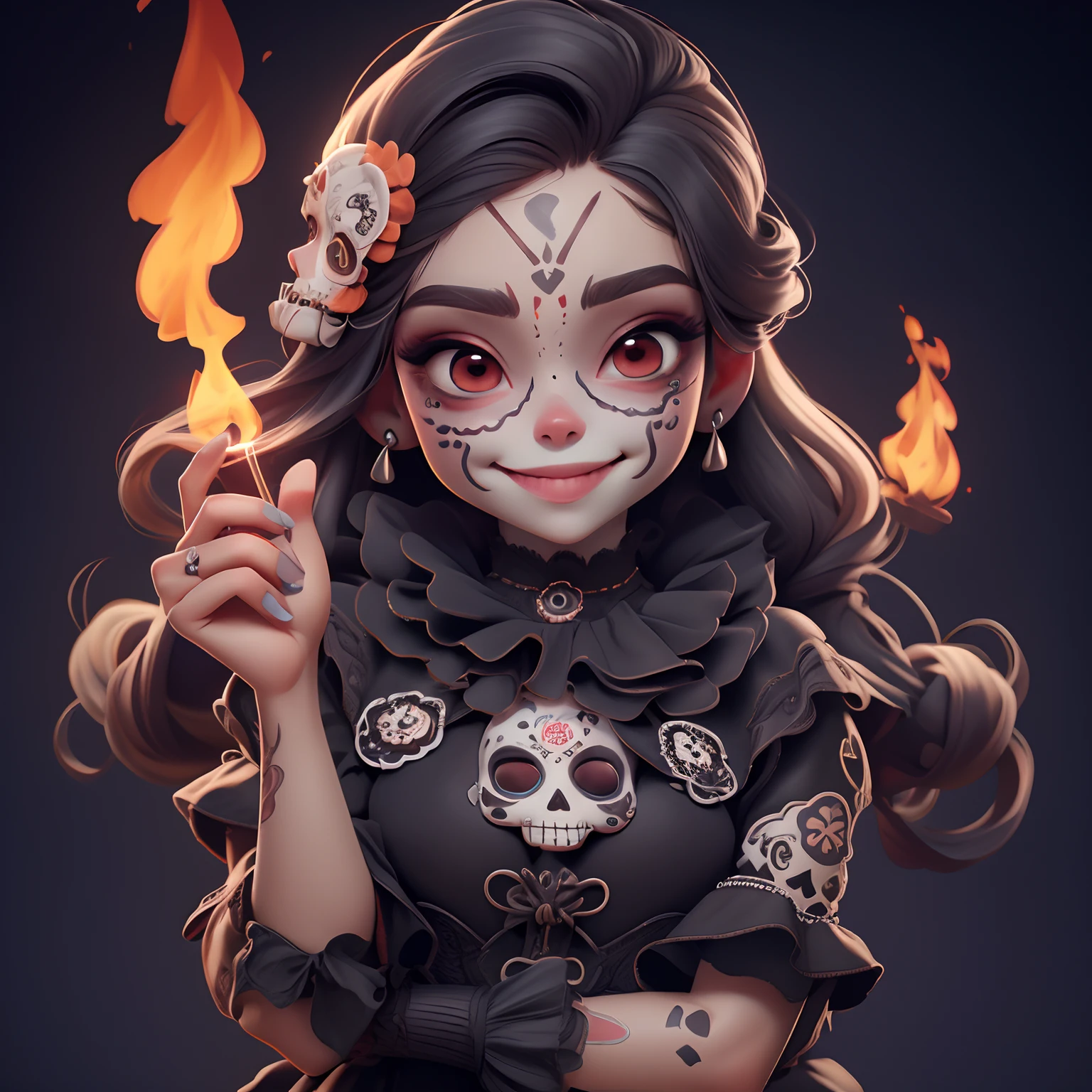 masterpiece, best quality, a girl smiling with sugar skull death makeup, holding a flame