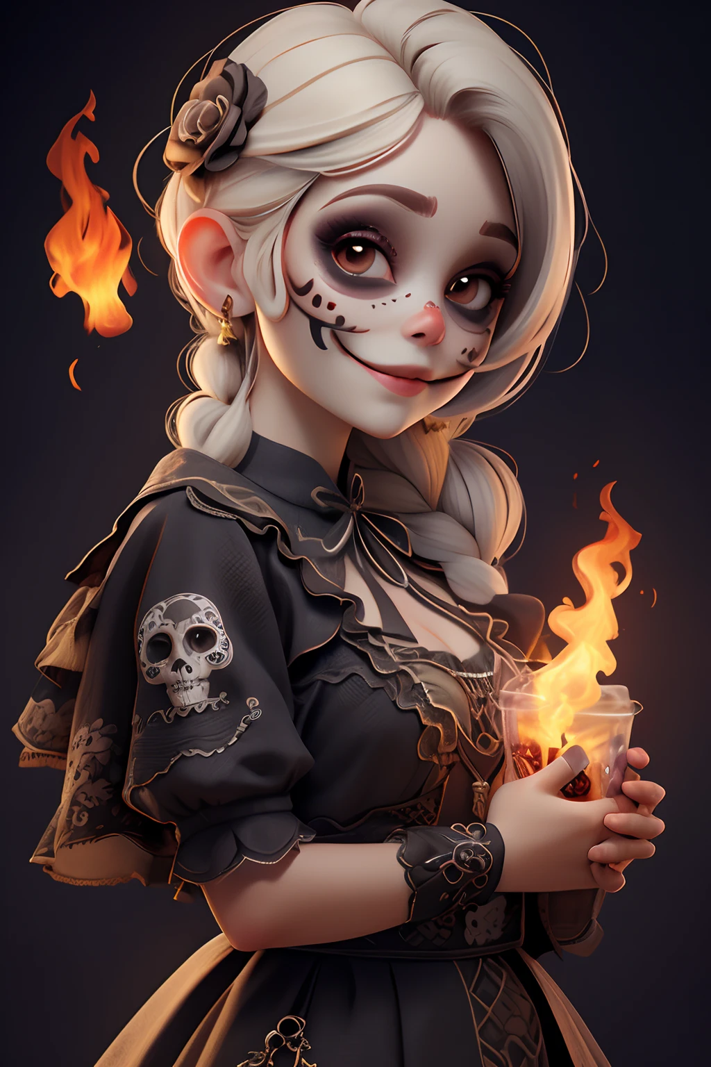masterpiece, best quality, a realistic girl smiling with sugar skull death makeup, holding a flame