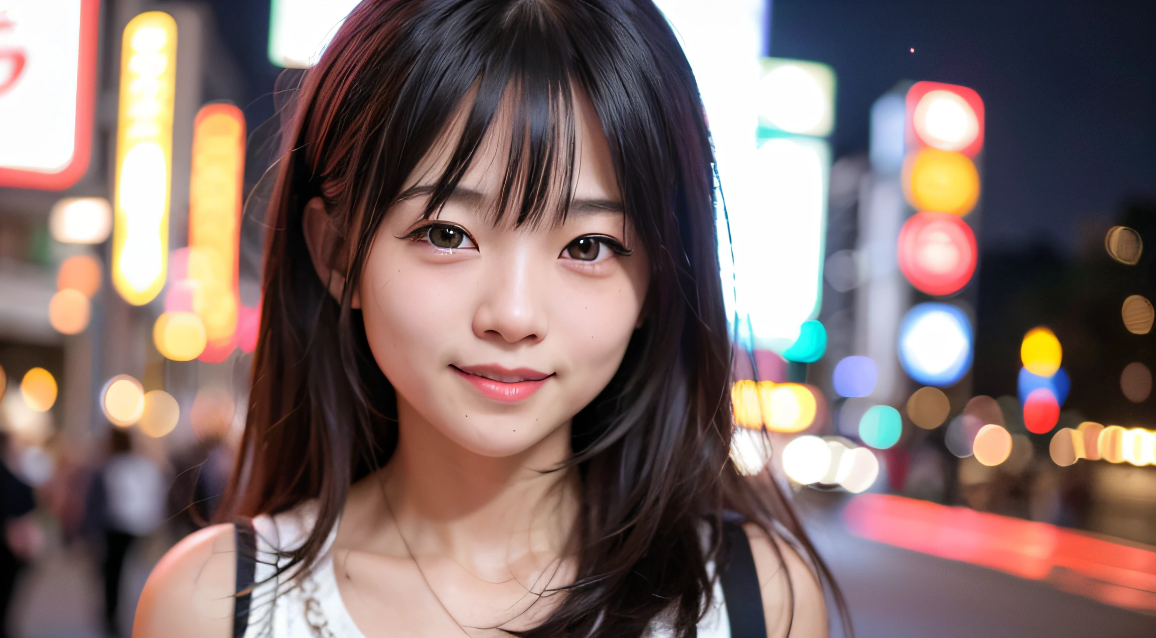 1 girl, Tokyo Street,night, Streetscape,City lights,Upper Body,close,smile,, (8k, RAW Photos, Highest quality, masterpiece:1.2),(Realistic, photo-Realistic:1.37),