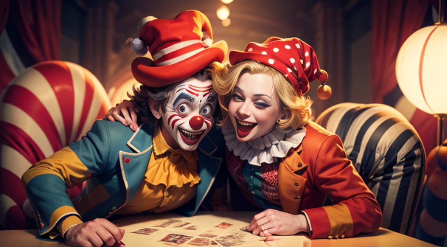“A chaotic picture of a circus with clowns joking with each other.”