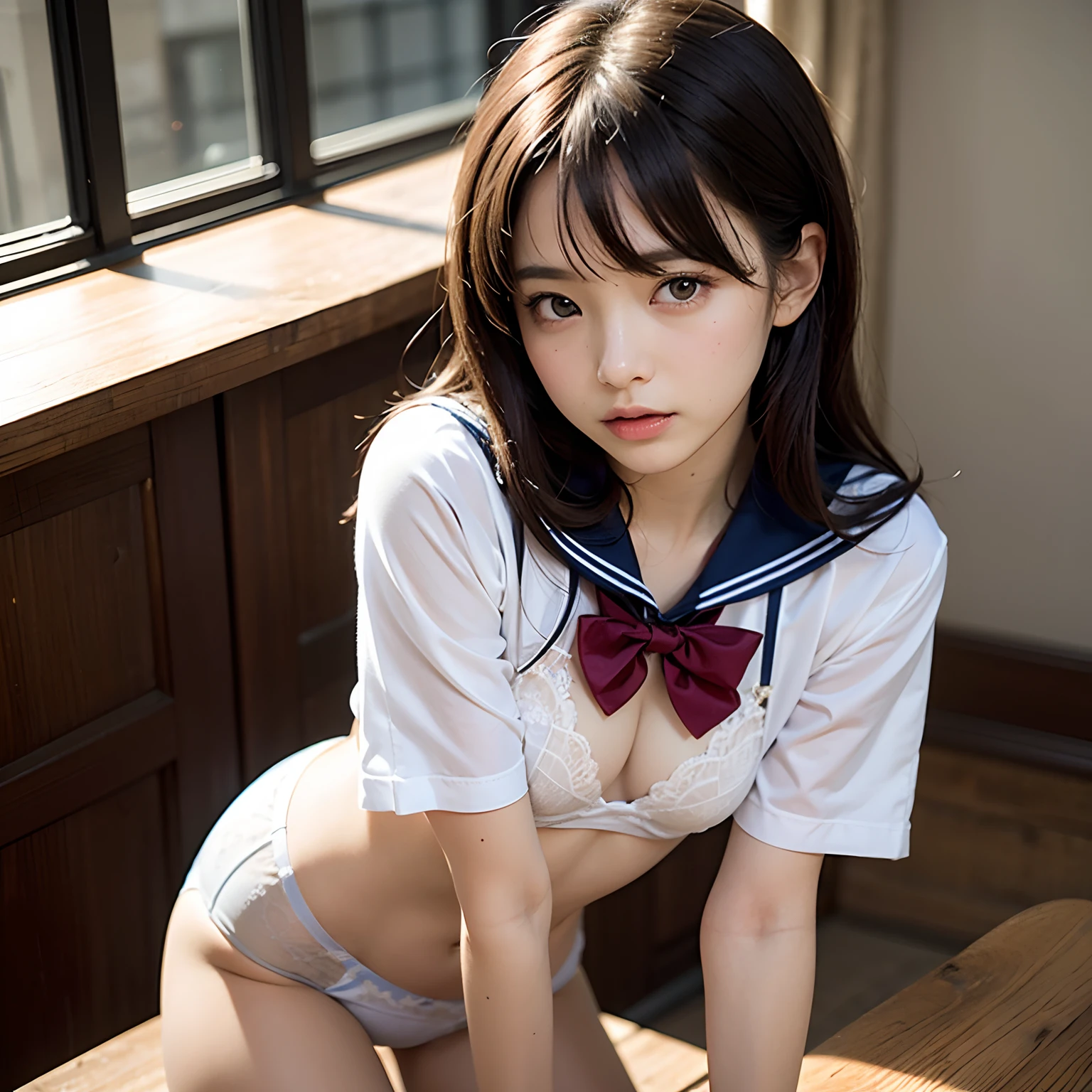 (masutepiece, Best Quality:1.2), 8K, Official art, Full body photo, full body Esbian、The chest is free、Facing up、skinny、14years、small tits、Eyes closed、Deep sadness、Sorrow、look up sky、screeming、 unbelievable Ridiculous, (Upper body, Sailor suit on top、Underwear underneath、serafuku:1.4), Beautiful Girl, Pretty Face, arching back down, cute panty、Gold hair ornament on hair、Cute underwear underneath、close up, School uniform, Short sleeve, gardenia, violaceaess, Teen, Department of the near future, Looking at Viewer, Film grain, chromatic abberation, Sharp Focus, face lights, Dynamic lighting, Cinematic lighting, Eyes and faces with detailed, Bokeh background, (1 dark red bow tie:1.2)