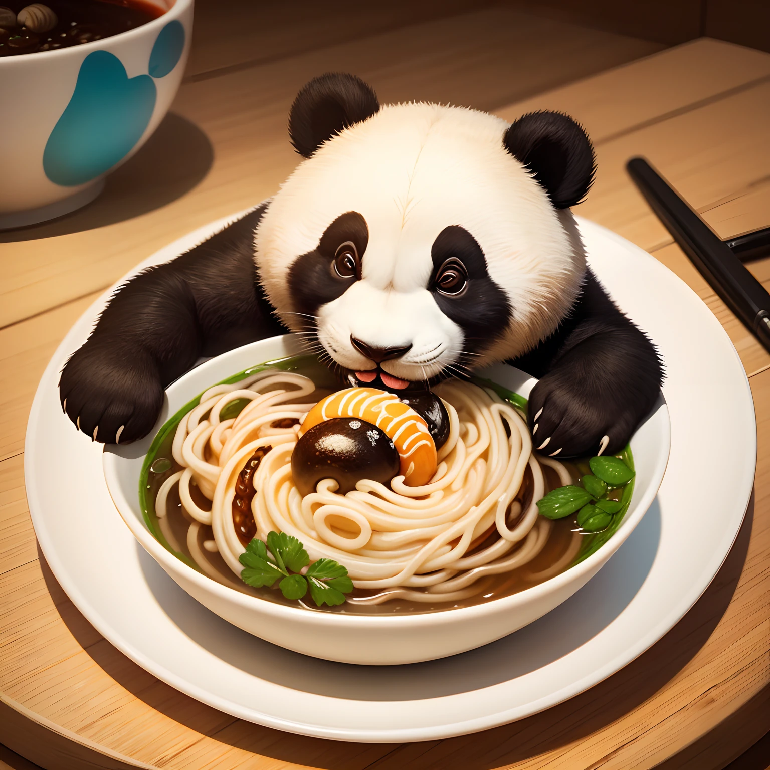 A panda eating snail noodles,illustration,realistic,high-res detailed panda,delicious snail noodles,colorful bowl,crispy bamboo,soft fur,vivid colors,best quality