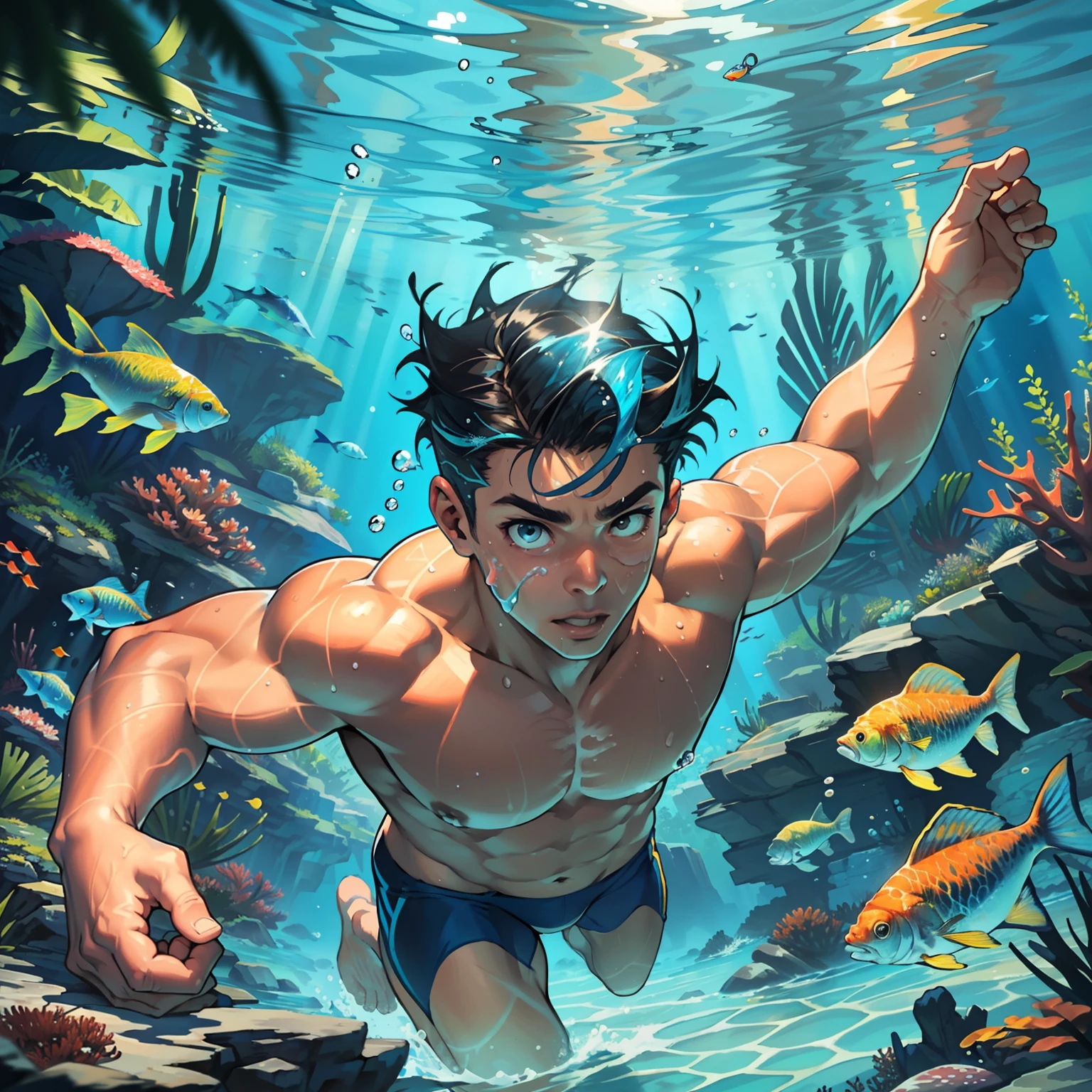 (blue water, bright sunlight, underwater scene, swimmer:1.2, strong strokes, athletic build, goggles on forehead, muscular arms, rippling water, vivid colors, tropical fish)