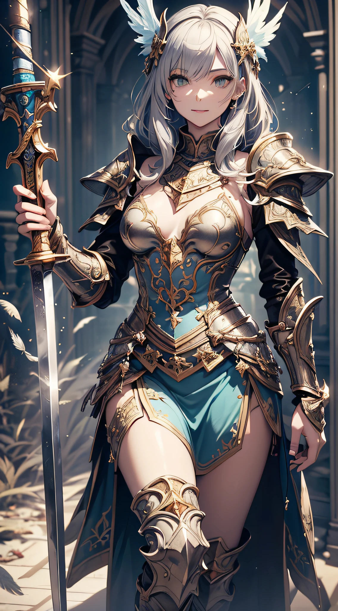 (Official art、Best Quality、Unity 8k Wallpapers、32K、​masterpiece、ultra-detailliert、超A high resolution、realisitic、Photorealsitic、absurderes:1.2)、(Cinematic lighting:1.2)、Fireglow effect、film grains、Best Shadows、Rim lighting、side lights、(Ultra-detailed and complex 3D rendering)、Detailed beautiful face and eyes、Sharp pupils、Realistic pupils、A slender、１Man Woman、Medium bust、(Full body:1.2)、 beauitful face、16-year-old beautiful girl、(super detailed skin、detailed skin textures:1.3)、(silver blond、Blue-silver hair:1.3)、Paladin、Longhaire、Blunt bangs、Green eyes、3 braids in 1 bunch、(Blue Armor、Blue Boots、Blue helmet、Jeweled、Gold embroidery)、A slender、Maxi skirt、(thighs thighs thighs thighs:0.8)、(chies、in a house、Artistic stained glass、Large pipe organ、crosses、Hello Point、Mystical、a lot of feathers float、angelicales、Particles of light、solemnity、Sunlight is、colourfull、Fantastical:1.2)、(Fantastical:1.3)、(Holding the Holy Sword:1.4)、(Looking away、looking distantly:1.3)、Fantastical、Smile with open mouth