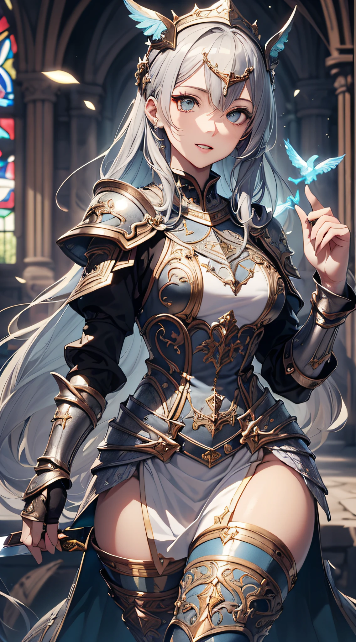 (Perfect Anatomy)、Mastepiece、Ultra High Quality、 8k、masterpiece、Highest quality、Ultra-high resolution、Maximum resolution、Very detailed、Professional Lighting、anime、woman、thin、Very beautiful face、Beautiful eyes、(Highly detailed eye)、Highly detailed face、White armor，Cross earrings，Gray Hair, hairs between eyes, Red eyes，White leotard、Gloss Lip、Pink Lips、Detailed armor patterns、grassland, full body, (((spear))), armored dress, hair accessory, gold pattern, big shoulder armor, high heels boots, green scarf, Conjuring wind with magic, Creating magical whirlwinds