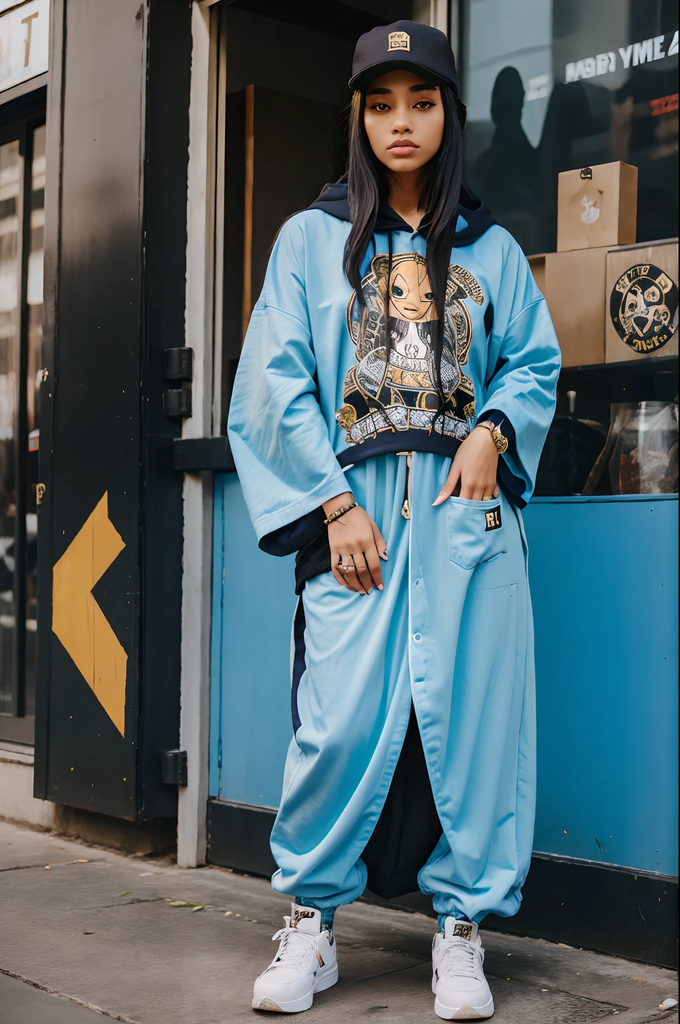 female hip-hop style streetwear and traditional wizard robes  . sHe rocks a stylish baggy saggy supreme, bape, stussy wizard magics