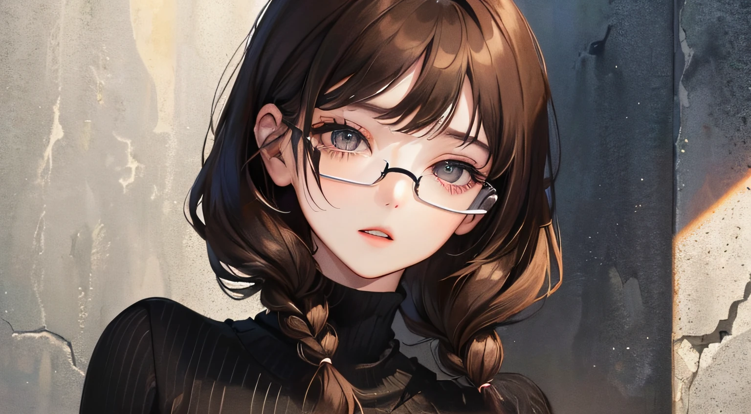 (((1人の女性)))、(Top resolution、Distinct_image) best qualtiy、((In front of the old wall)))、masterpiece、(Back lighting))、((contrasts of light and shadow))),ighly detailed、Semi-realistic、Brown hair、eye glass、Braided hairstyle、deadpan、bangss、20yr old、年轻、((Black knitwear))、delicated facial features、Facial features、Looking up from the waist、