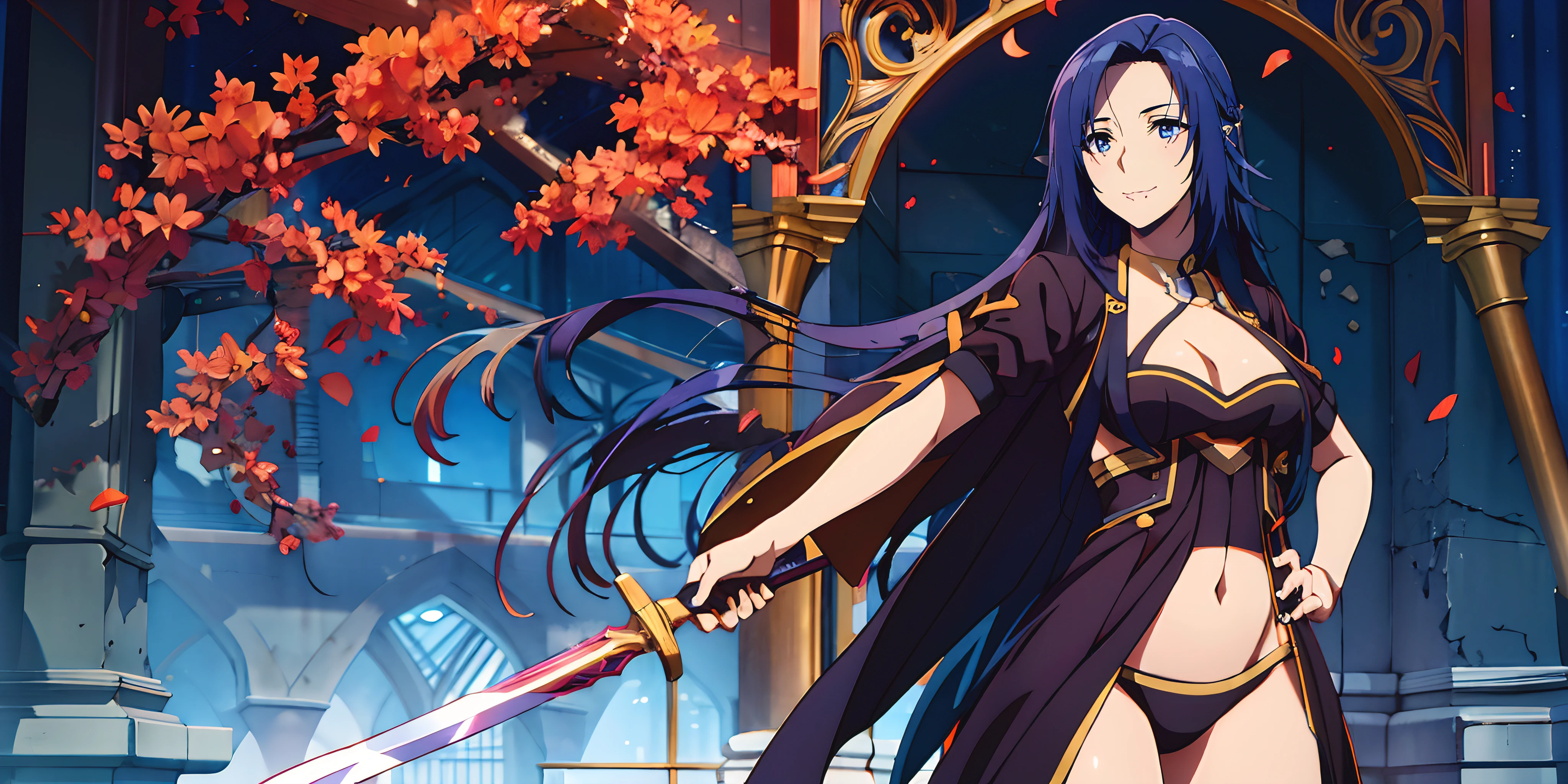 (dark-blue hair, long hair:1.6), pointy ears, dark-blue eyes, masterpiece, best quality, mature female, mature body, wide hips, a woman in a black dress holding a sword, an anime drawing, by Jin Homura, conceptual art, 4 k detail fantasy, azur lane style, anime figurine, beautiful art uhd 4 k, highschool dxd, beautiful alluring anime teen, high resolution details, asuna from sao, sui ishida with black hair, 8k!, glow effects, godrays, Hand drawn, render, 8k, octane render, cinema 4d, blender, dark, atmospheric 4k ultra detailed, cinematic, Sharp focus, big depth of field, Masterpiece, colors, 3d octane render, 4k, concept art, trending on artstation, hyperrealistic, Vivid colors, extremely detailed CG unity 8k wallpaper, trending on CGSociety, Intricate, High Detail, dramatic, glowing eye, (heavy breathing:1.5)