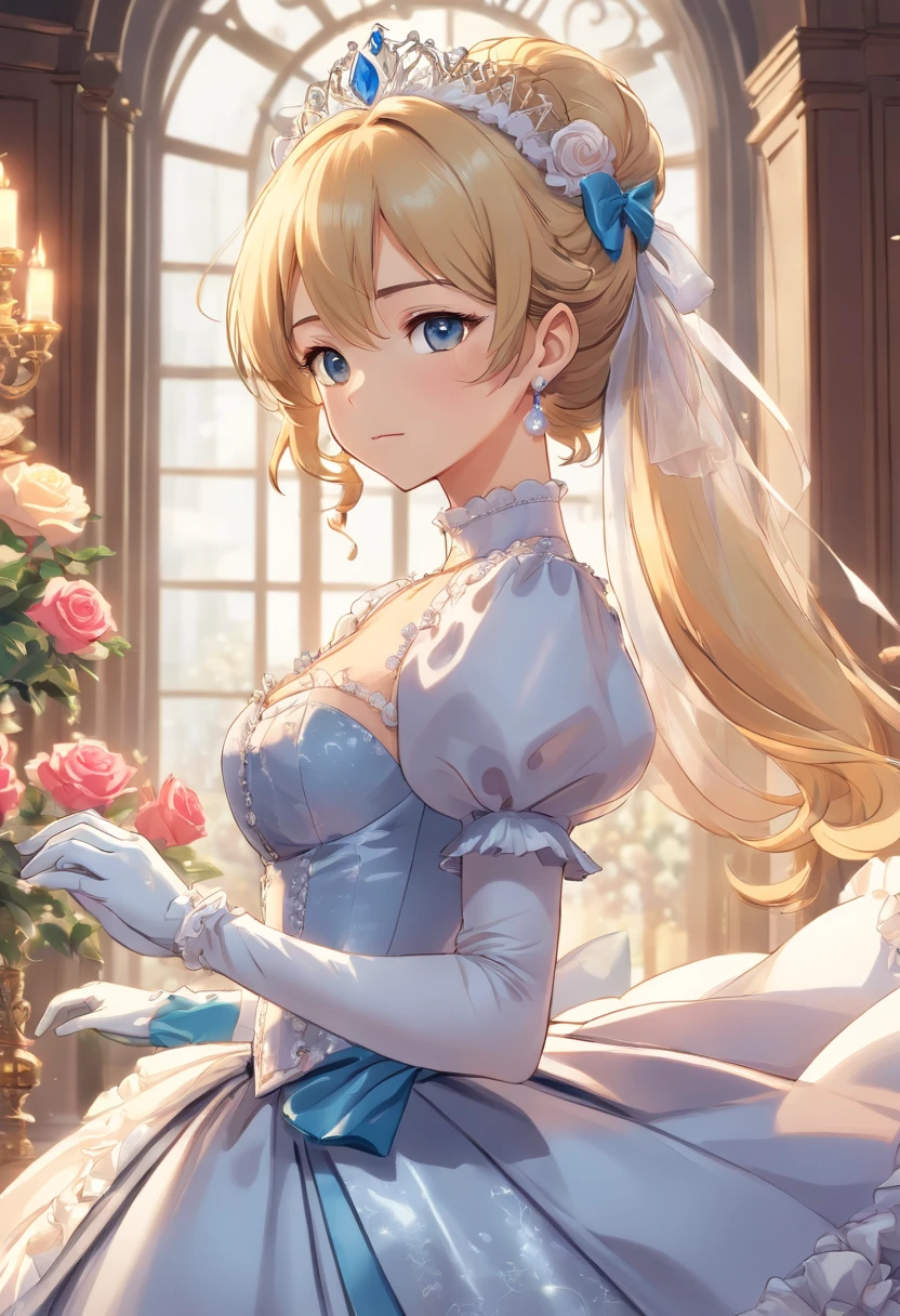 A stunningly beautiful blonde fairytale Princess shining with Royal Pomp and Regal Splendor, wearing a Stately and (((Elaborate))) Royal Cinderella Ballgown of Silver and White Brocade, with (((enormous puffed sleeves))) a stiffly boned, padded and corseted bodice, an hourglass waist, a (((huge crinoline hoopskirt))) and (((bustle))), adorned with ribbons, bows, roses, lace, ruffles, frills, embroidery, and jewels, elaborately curled and styled hair, long white gloves, pearl and diamond necklace and earrings