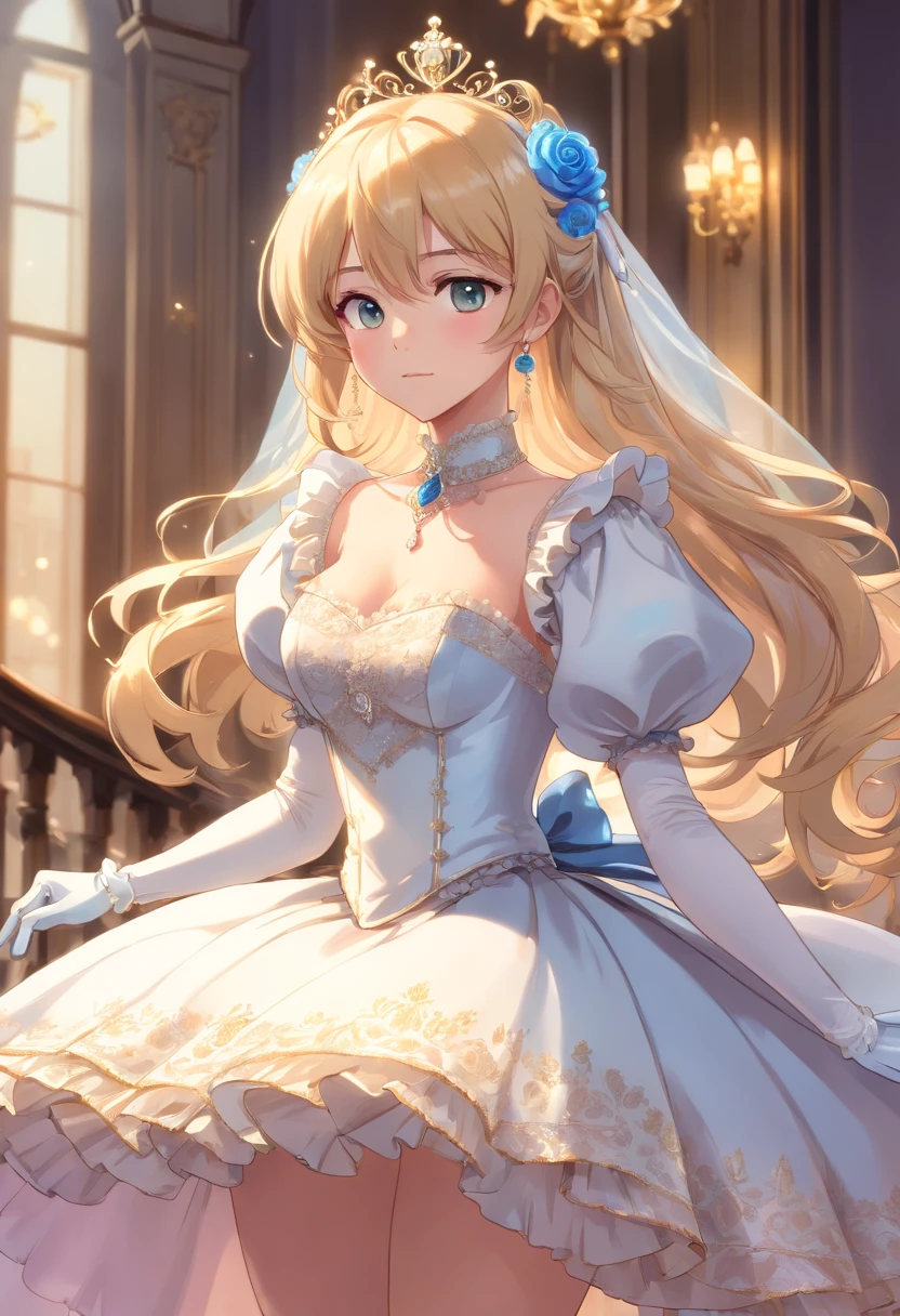 A stunningly beautiful blonde fairytale Princess shining with Royal Pomp and Regal Splendor, wearing a Stately and (((Elaborate))) Royal Cinderella Ballgown of Silver and White Brocade, with (((enormous puffed sleeves))) a stiffly boned, padded and corseted bodice, an hourglass waist, a (((huge crinoline hoopskirt))) and (((bustle))), adorned with ribbons, bows, roses, lace, ruffles, frills, embroidery, and jewels, elaborately curled and styled hair, long white gloves, pearl and diamond necklace and earrings