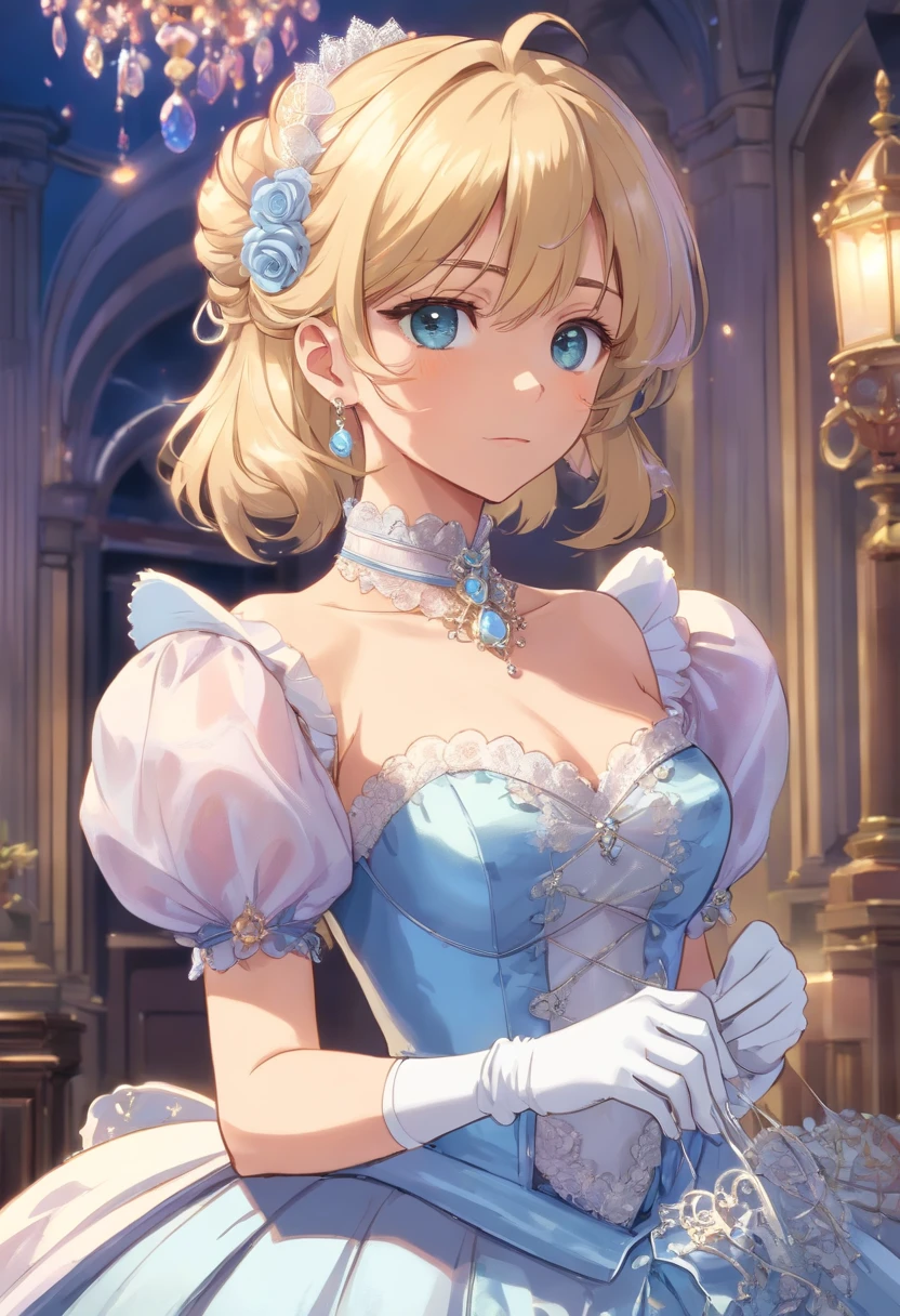 A stunningly beautiful blonde fairytale Princess shining with Royal Pomp and Regal Splendor, wearing a Stately and (((Elaborate))) Royal Cinderella Ballgown of Silver and White Brocade, with (((enormous puffed sleeves))) a stiffly boned, padded and corseted bodice, an hourglass waist, a (((huge crinoline hoopskirt))) and (((bustle))), adorned with ribbons, bows, roses, lace, ruffles, frills, embroidery, and jewels, elaborately curled and styled hair, long white gloves, pearl and diamond necklace and earrings