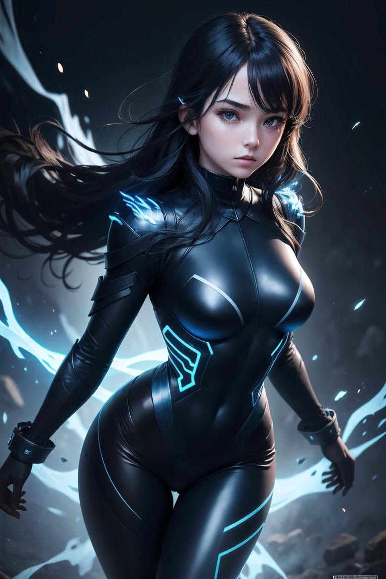 1 girl, has fire legacy, glowing dark hands on sides, full body, has metal black and dark blue suit, has leather pants with glowing dark blue stripes,9999x9999,9090x9999