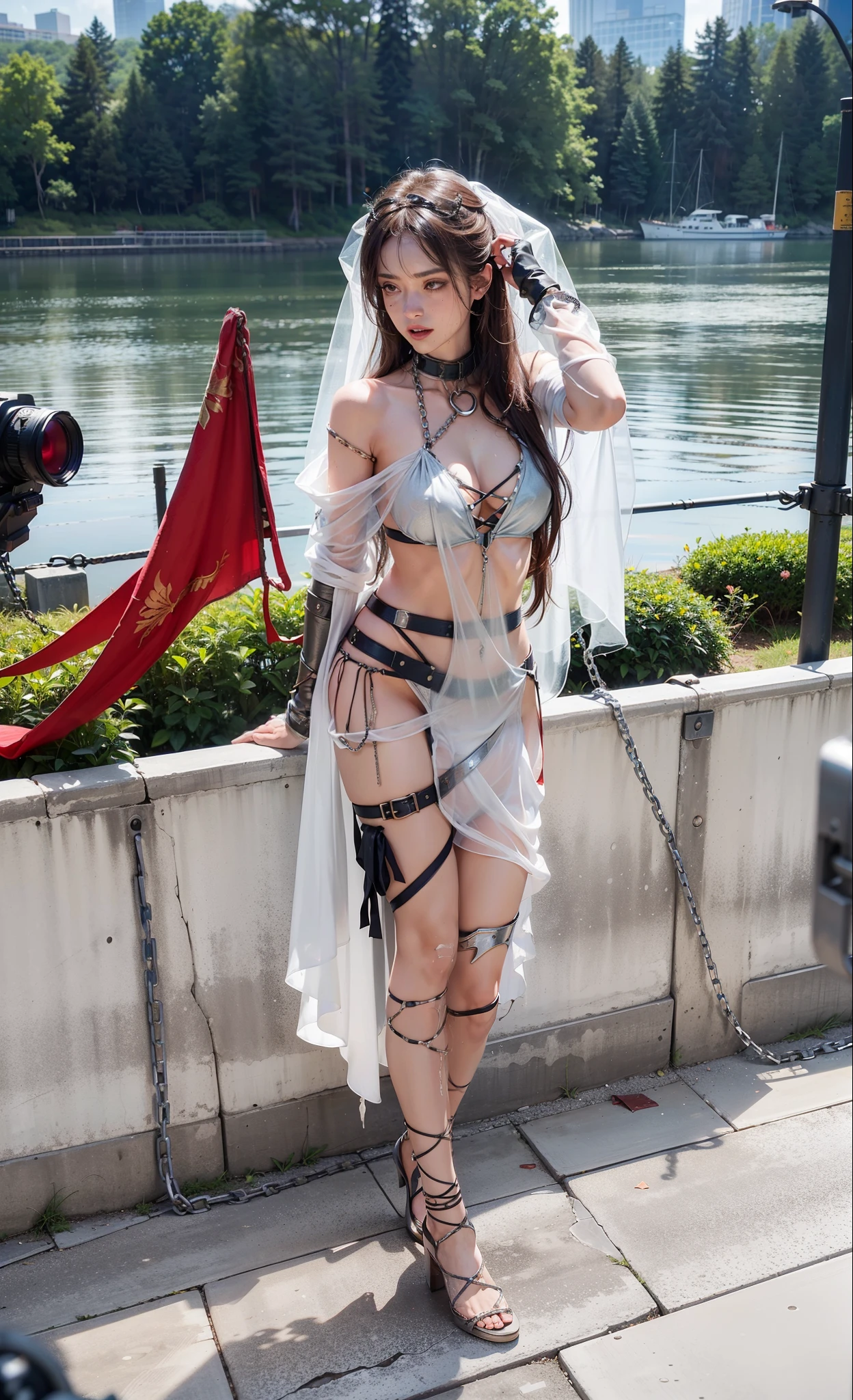 ,((Wearing a torn sheer costume of a superheroine)),(, No bra)), Wet crotch, Wet thighs, Beautiful girl with accentuated slender abs: 1.4, (((nipple tips protruding, areola is protruding, The shape of the pubic region is clearly visible)), sixpack abs: 1.4, Bust Botox, Photo, Sharpness, Unique 850 4, Koda850 k portrait camera, F1.6 shots, Ultra-realistic textures, Spectacular light textures, Cinestil 800 Fashion Mechanics, (futuristic sci-fi battle fashion: 1.1), (tied perfectly by chain), Restraint, Slaves, collars, ((wide prison with sunlight)), Dark fantasy, Realistic material details, extreme hight detail, Ultra-realistic materials ((Torn costume))), Wet, Cloudy, (Chained)), ((big emphasized by chains)), ((chains digging into crotch)), ( (Collar)), (, No bra), shredded costumes, broken golden shields and battle spears,, White combat gloves, Combat shoulder armor, Blood splattered on the face, Blood splattered, Realistic, (Bruises, Dirty, ripped clothing, skimpy clothing, Blood: 1.3),  Torn Cape, Torn pantyhose, Long legs, ((iron pipe in the crotch)), Metallic shackles and fetters, ((chains hung from heaven)), Wet crotch is clearly visible, Swarovski's sword and the anatomy beneath his feet, (futuristic sci-fi battle fashion, Torn mesh stockings),Body repair