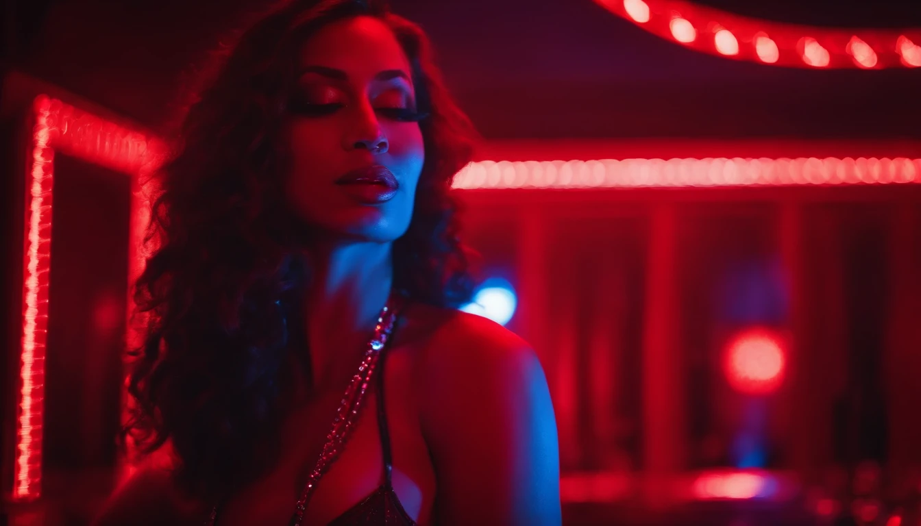 Stripper in a night club, sensual pose, ultra detailed, red lights, red neons.