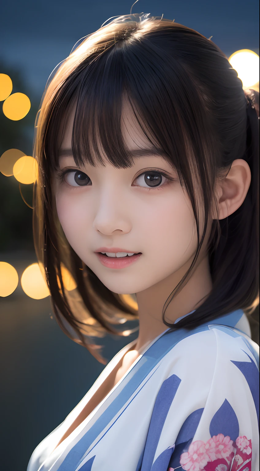 masutepiece, Best Quality, 8K, 10years old, Teen, Raw photo, absurderes, award winning portrait, Smile, Solo, (Night:1.8), Idol face, Delicate girl, Upper body, Digital SLR, Looking at Viewer, Candid, Sophisticated,Thin arms, Professional Lighting, Film grain, chromatic abberation, (Eyes and faces with detailed:1.0), (Bokeh:1.1) , (kimono:1.1) , closes mouth