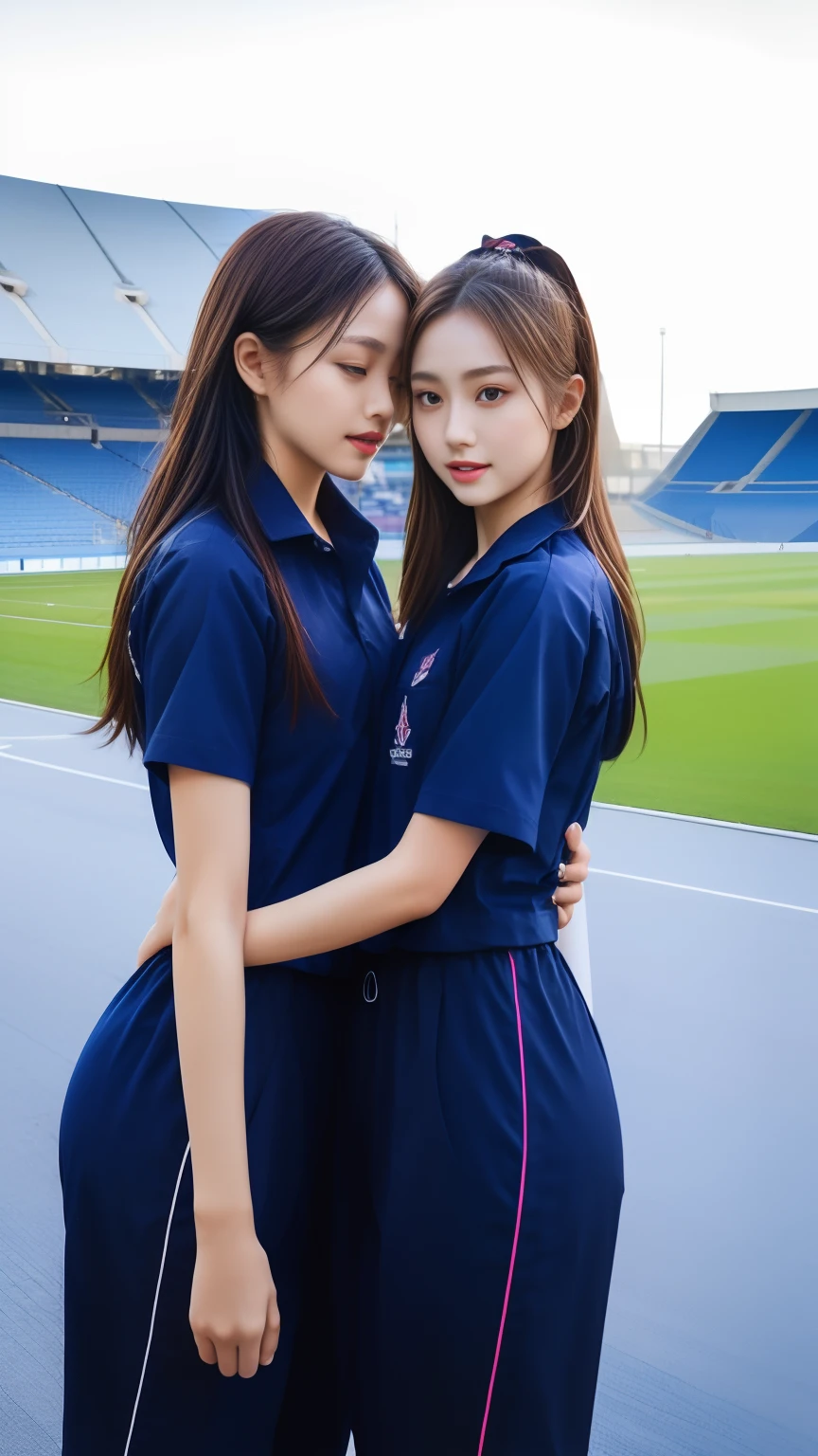 (bestquality,10,10,highres,masterpiece:1.2),ultra-detail,(Realistic,photorealistic portrait,photo-realistic:1.37),1 Cute girl in the football field,oily shiny skin,bara,light smile,BDclothes,((blue shirt:1.3)),short sleeves,Shirt, trousers.,(navy_long_Pants Track:1.1), ((Stadium Background:1.3)),dynamic angle,excited,face focus,Dynamic Poses,from behide,Ass Focus,masterpiece, bestquality, ultra realistic, hyper-detail, 8k resolution, RAW photo, crisp focus, ((Navy blue shirt:1.1)), short sleeves, Long Path, Perfect body, 2 mature women, 18yo, cinematic light,Blue sweatpants,Gymware,Correct anatomy,Complete body, Correct body, sharp face, Anatomically correct body, full entire body, Realistic gestures, long-haired, Realistic poses,Wear long shorts..,Long leg span, 2 girls kissing each other, Realistic kissing, Shapely ,Sculpting Girl, Hourglass puppet, slim, Beautiful body, Good Stocks