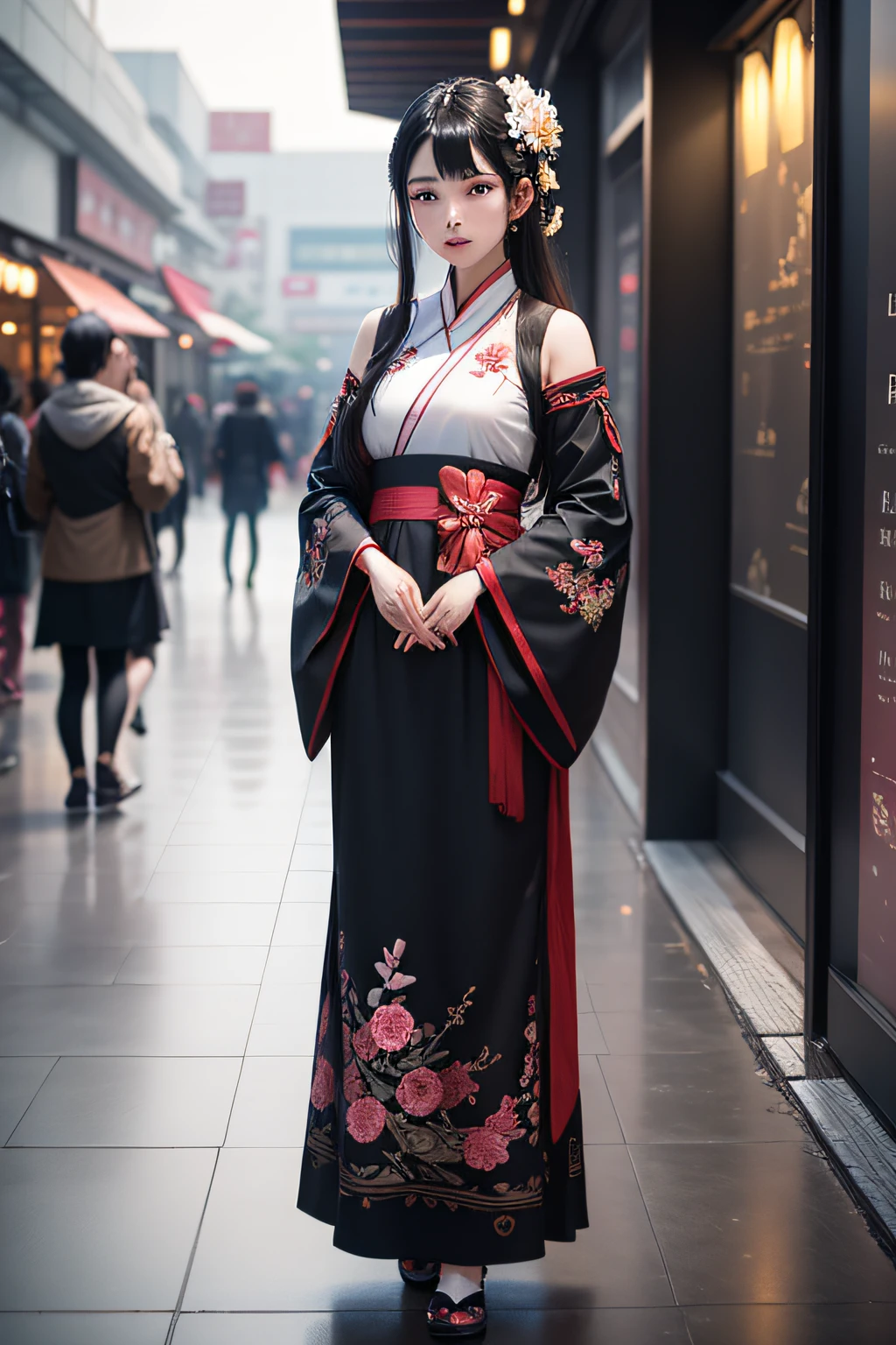Hanfu black-haired woman standing in the mall, cheerfulness, hair flower, hair over shoulders, Embroidered, Silk, Hanfu, contemporary architecture, Bright, Cinematic lighting, Full body shot, City, documentary photography, --AR 16:9 -- Version 5