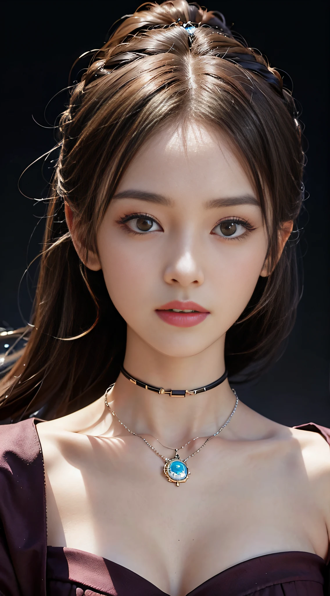 ((masterpiece:1.4)、(top-quality:1.4)、(reallistic:1.7))、masuter piece:1.4、Kawaii Girl、Portrait photos、Close-up photos、Upper body photography、beautiful countenance、defiance、dark backgrounds、Narrow waist、poneyTail、Raw photo、red-lips、a choker:1.4、a necklace:1.4、耳Nipple Ring:1.4、1 screen display、