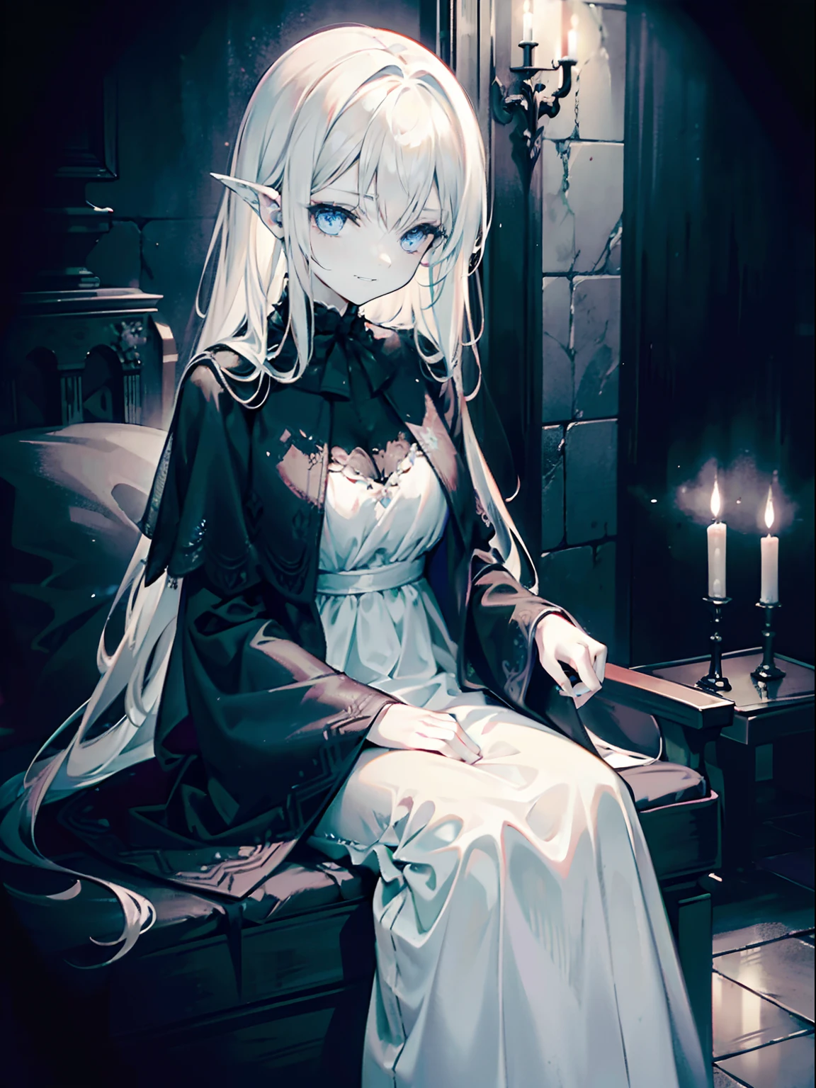 Detailed facial features, Ethereal light, spooky ambiance, hauntingly beautiful, Supernatural existence, Gothic style, A misty cemetery, Faint whisper, Ghost aura, Pale complexion, flowing white dress, ice-blue-eyes, Long dark hair, melancholic expression, haunted gaze, Faded shadows, Moonlit Night, Mysterious energy, Spiritual awakening, Ethereal creatures, Paranormal activity, somber mood, Sad souls, otherworldly realm, eerie silence, Mysterious powers, Ethereal mist, Supernatural powers, Transcendental experience, Spooky apparitions, mysterious smile, spectrogram, heavenly glow, Spectral transparency, Ethereal action, An unforgettable presence, Spectral illumination,Intricately patterned stone coffin,Holy,curate,Ghost Maiden