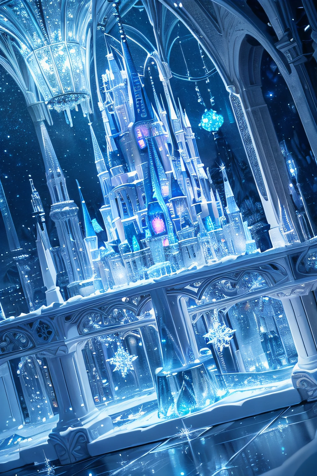 high-res, fantasy, glowing lights, intricate details, frozen sculptures, shimmering reflections, surreal atmosphere, icy textures, magical ambiance, ethereal beauty, majestic architecture, enchanted enchantment, snow-covered grounds, winter wonderland, whimsical serenity, sparkling crystals, frosty enchantment, fairytale-like setting.
