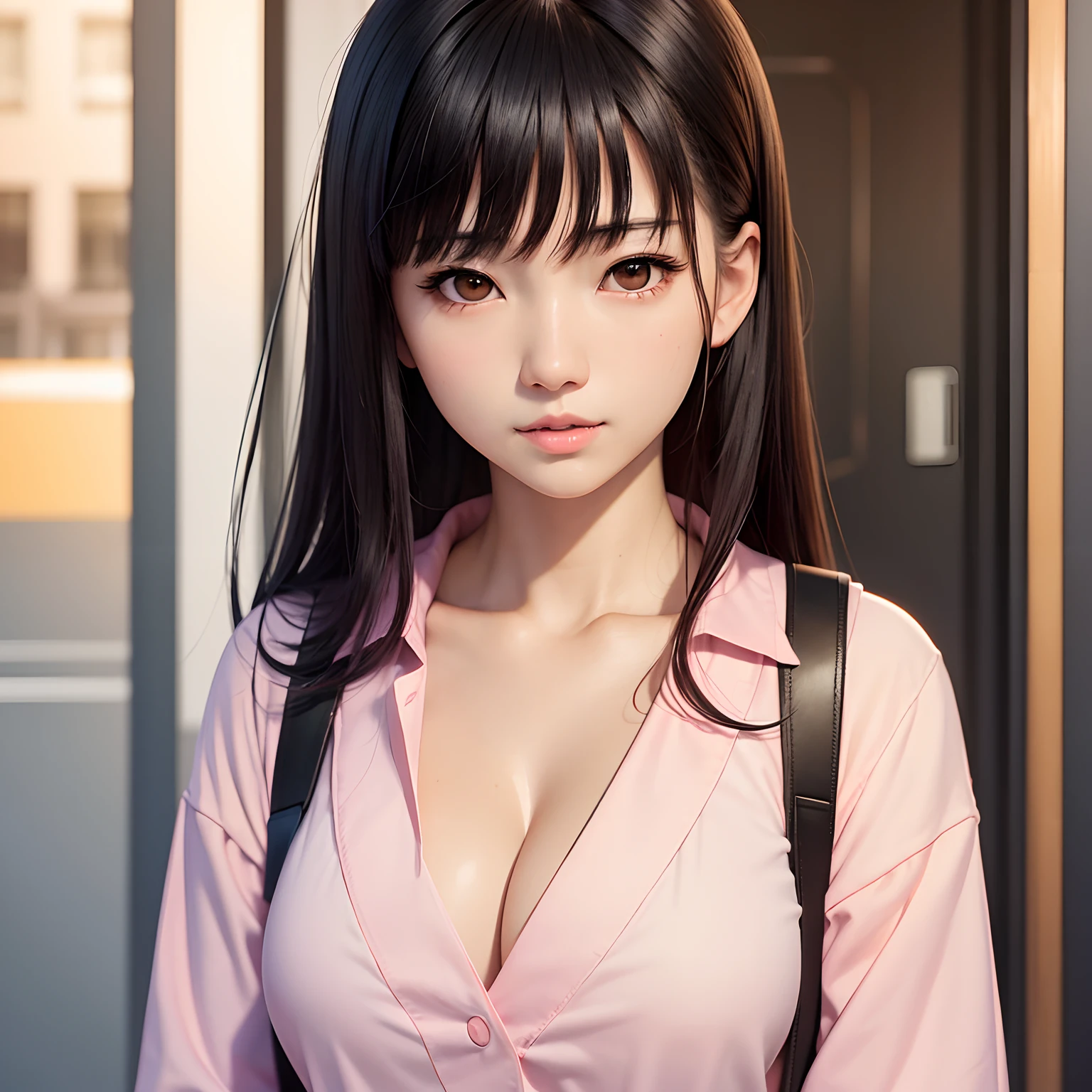 Japanese girl, large chest, schoolgirl outfit, black hair, bangs, brown eyes, light pink lips, sharp chin, thin neck, hyper realism, realistic