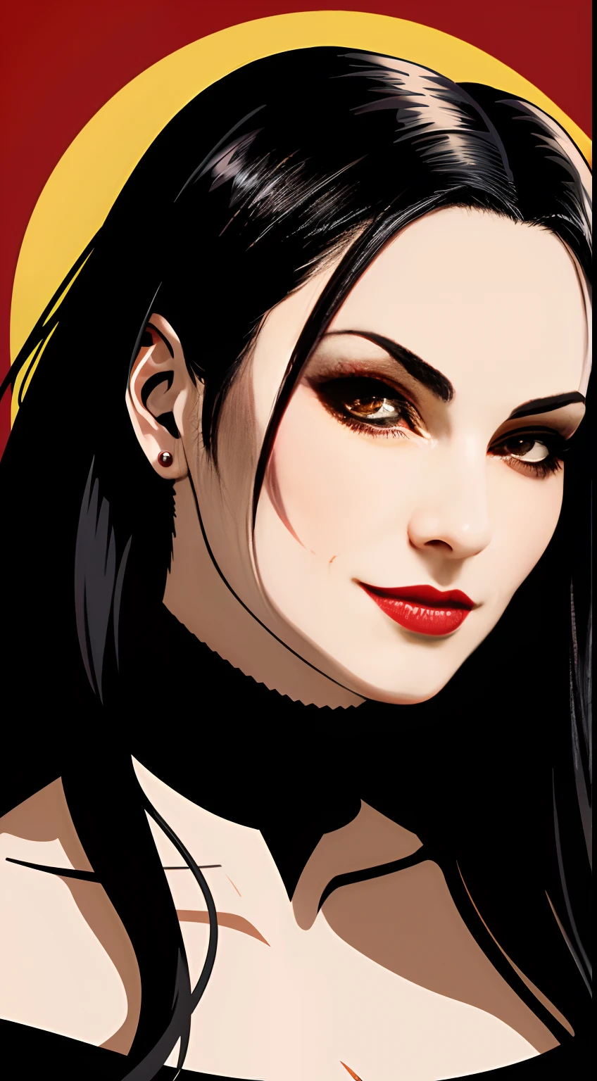 Closeup photo portrait of female dracula, dress, striped thighhighs, smug, smirk, fangs, epic character composition, frontal view,  masterpiece, best quality,in vector style , by Shepard Fairey