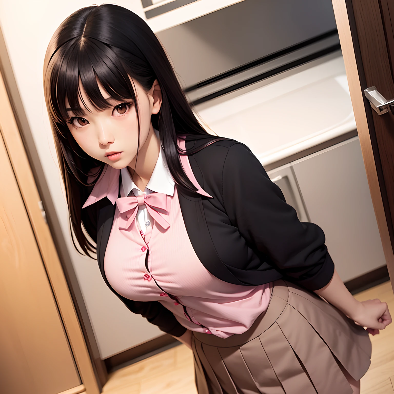 Japanese girl, large chest, schoolgirl, uniform, skirt, black hair, bangs, brown eyes, light pink lips, sharp chin, thin neck, hyper realism, realistic